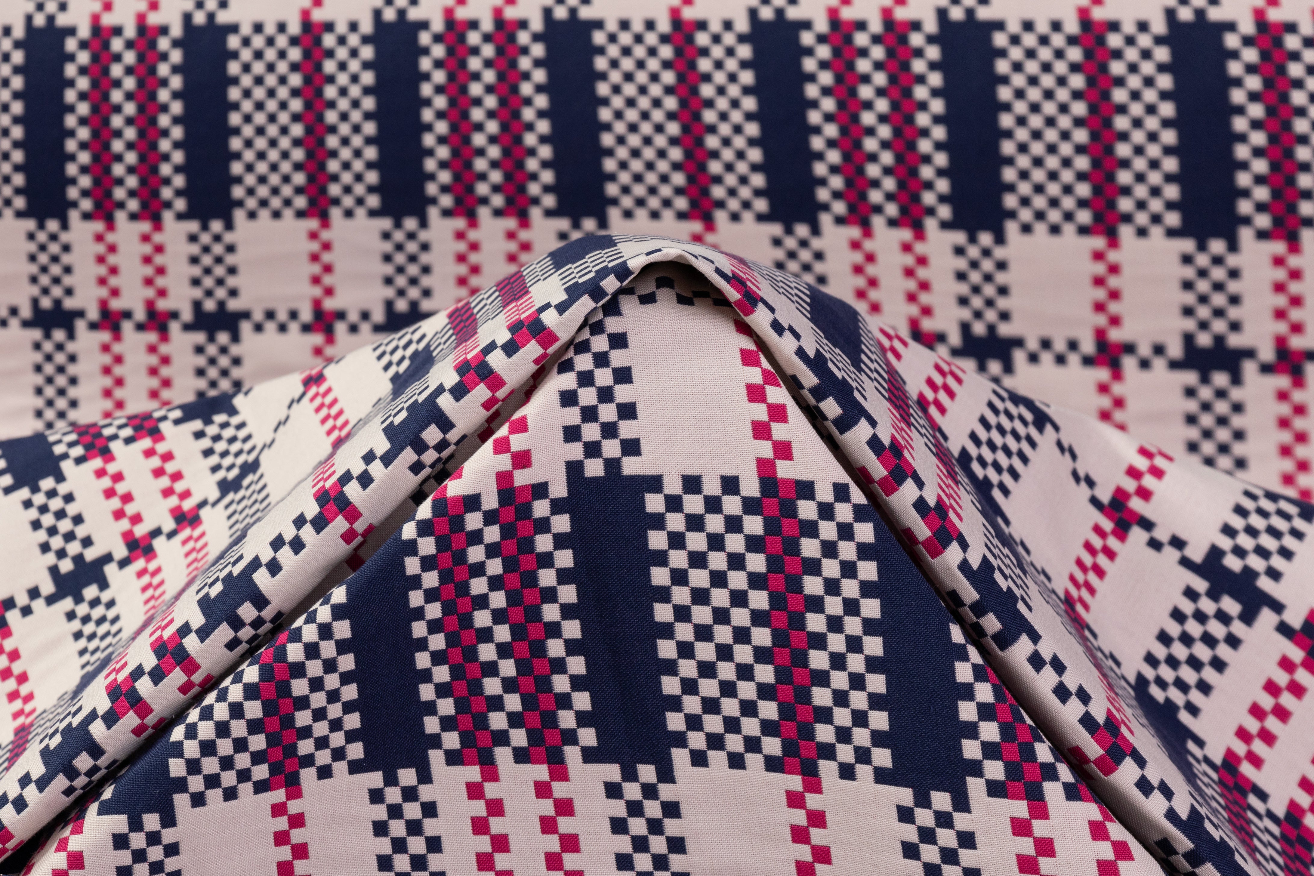 Double Faced Checked Brocade - Pink / Navy / White