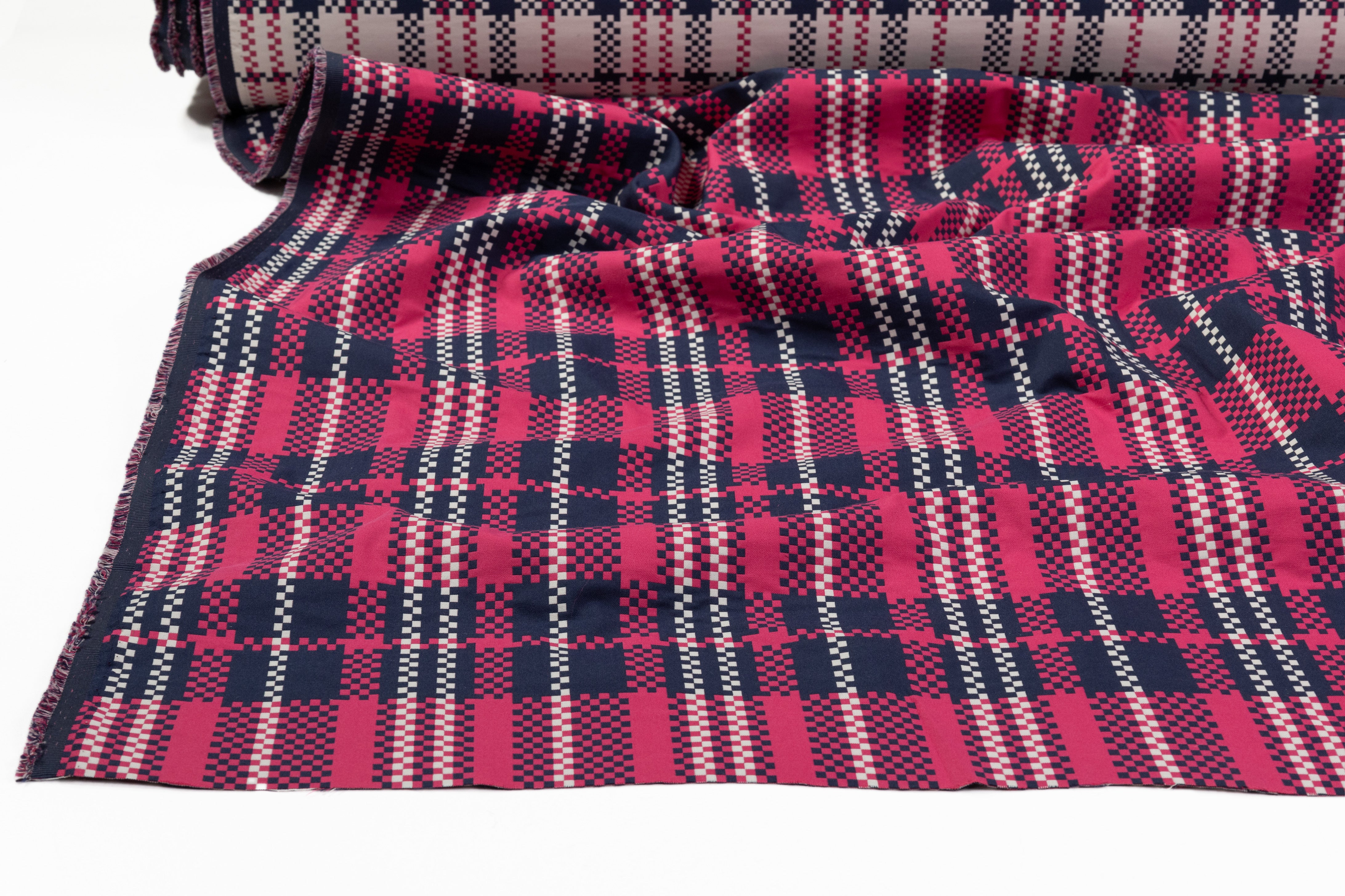 Double Faced Checked Brocade - Pink / Navy / White