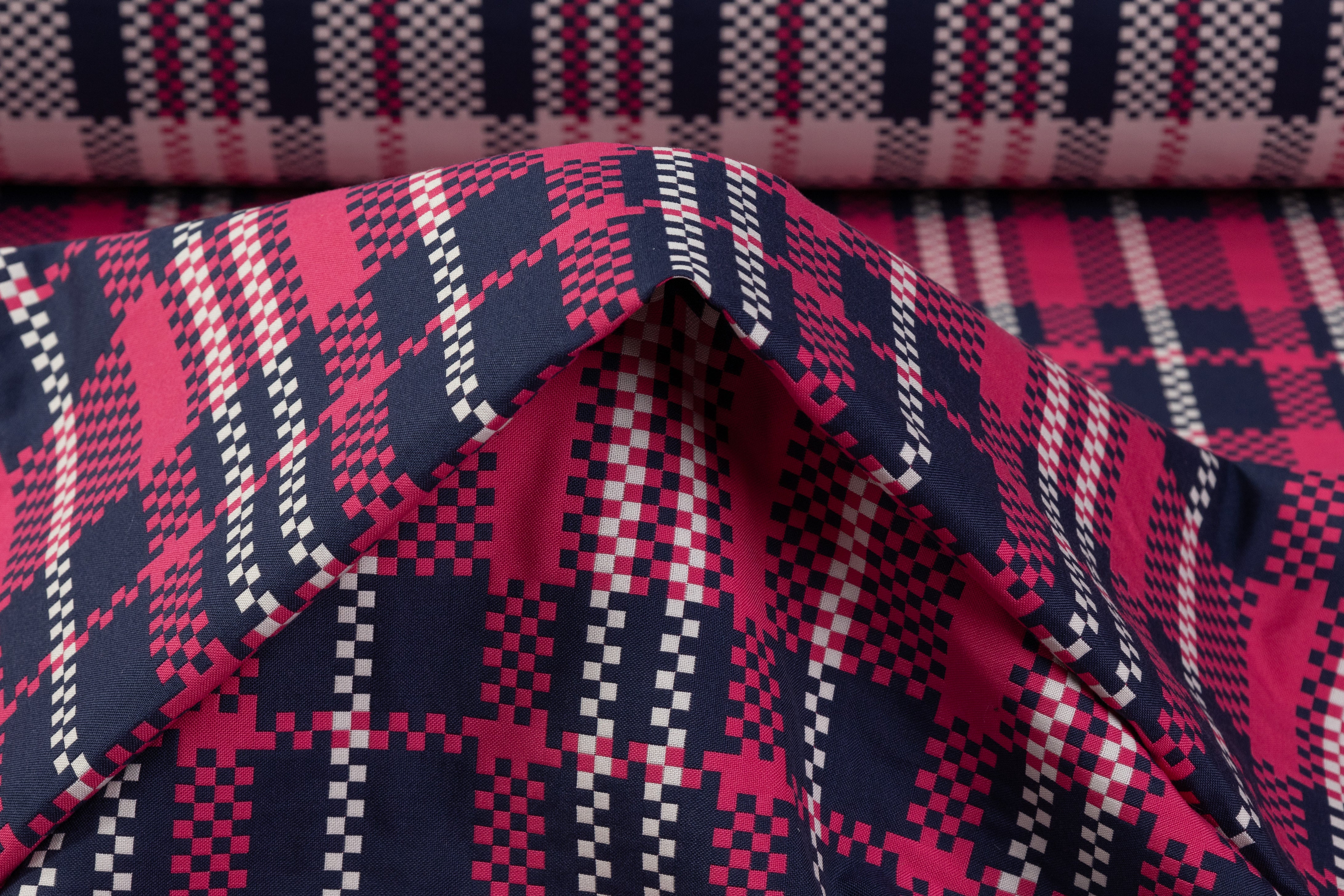Double Faced Checked Brocade - Pink / Navy / White