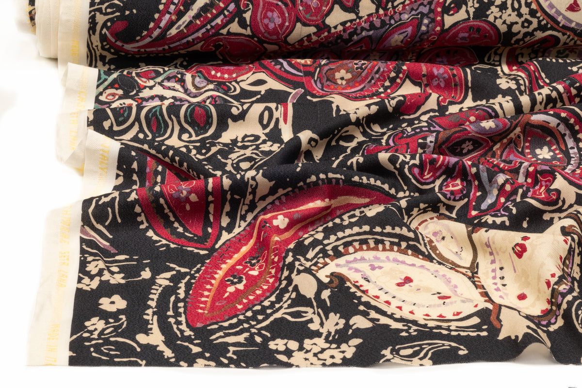 Paisley Printed Italian Silk and Wool Twill - Red / Black / Cream