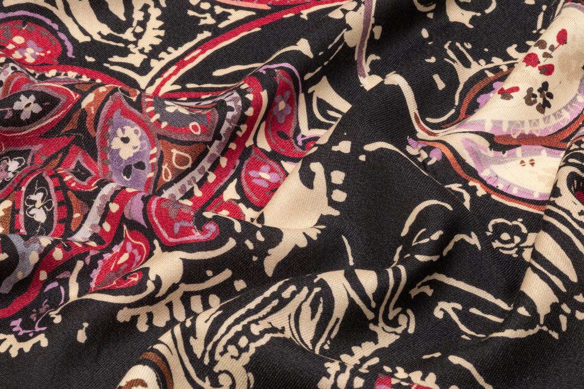 Paisley Printed Italian Silk and Wool Twill - Red / Black / Cream