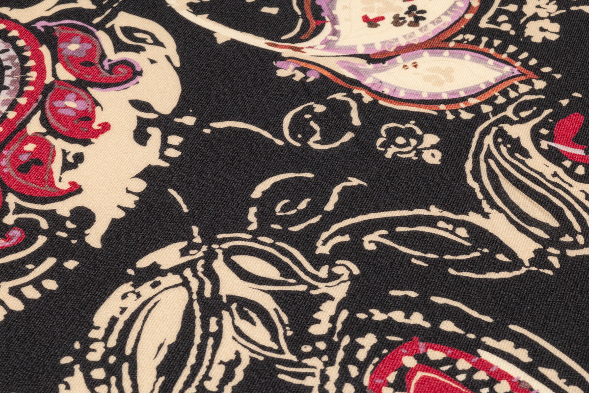 Paisley Printed Italian Silk and Wool Twill - Red / Black / Cream