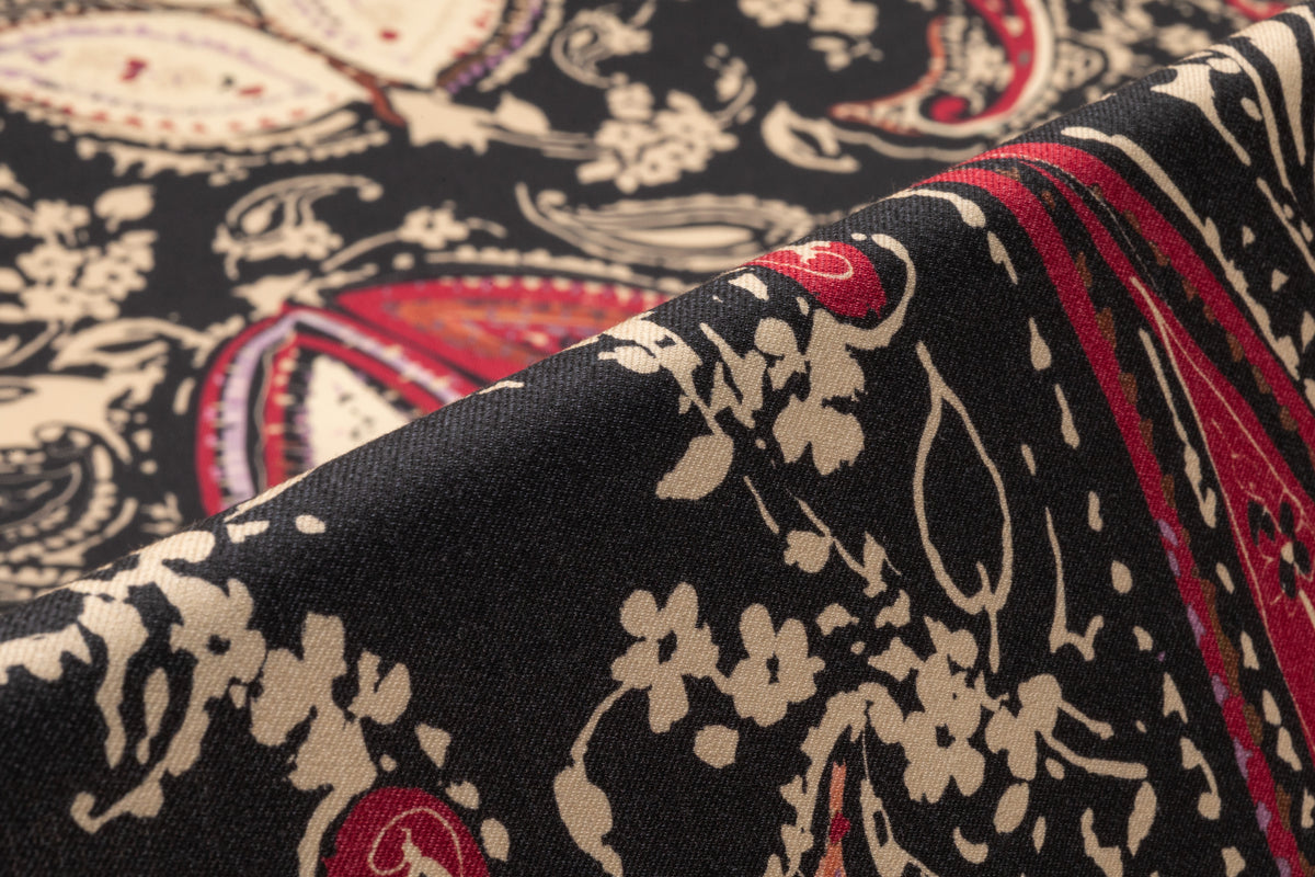 Paisley Printed Italian Silk and Wool Twill - Red / Black / Cream