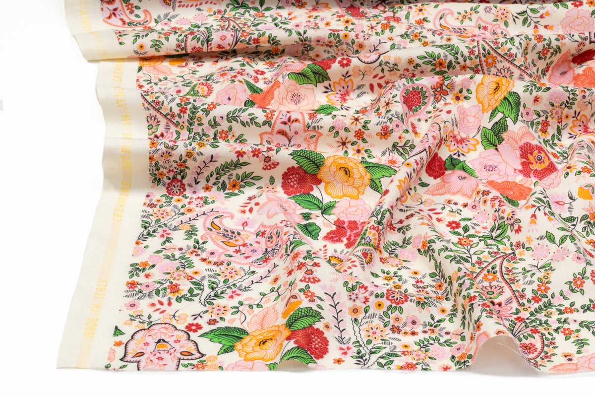 Paisley Floral Italian Silk and Wool Twill - Pink / Ivory