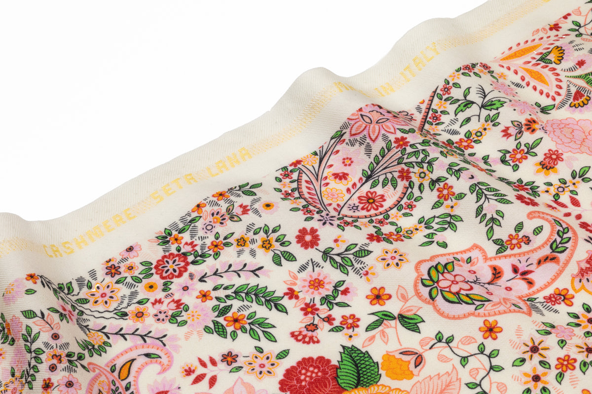 Paisley Floral Italian Silk and Wool Twill - Pink / Ivory