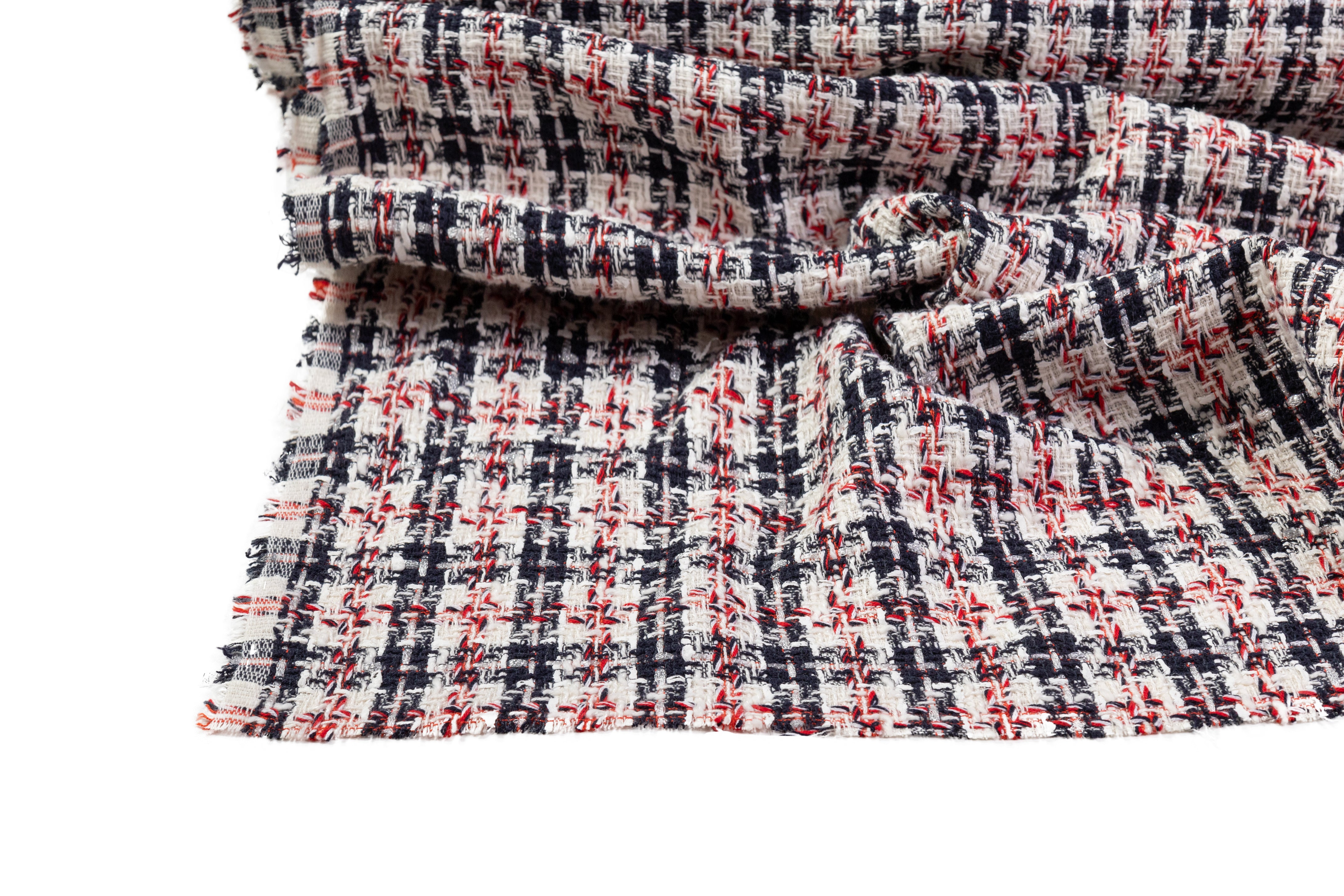 Italian Cotton Blend Tweed - White / Navy / Red