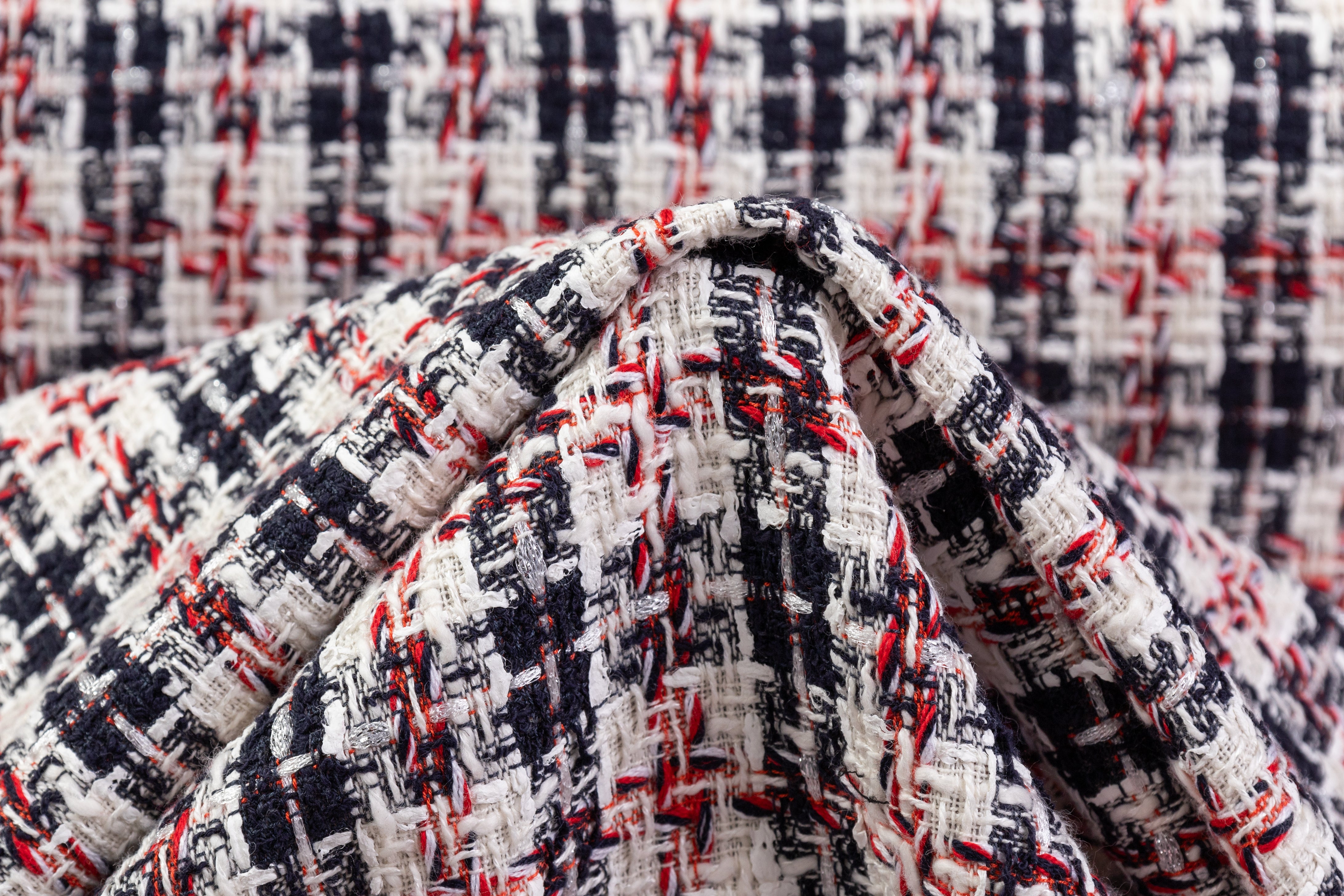 Italian Cotton Blend Tweed - White / Navy / Red