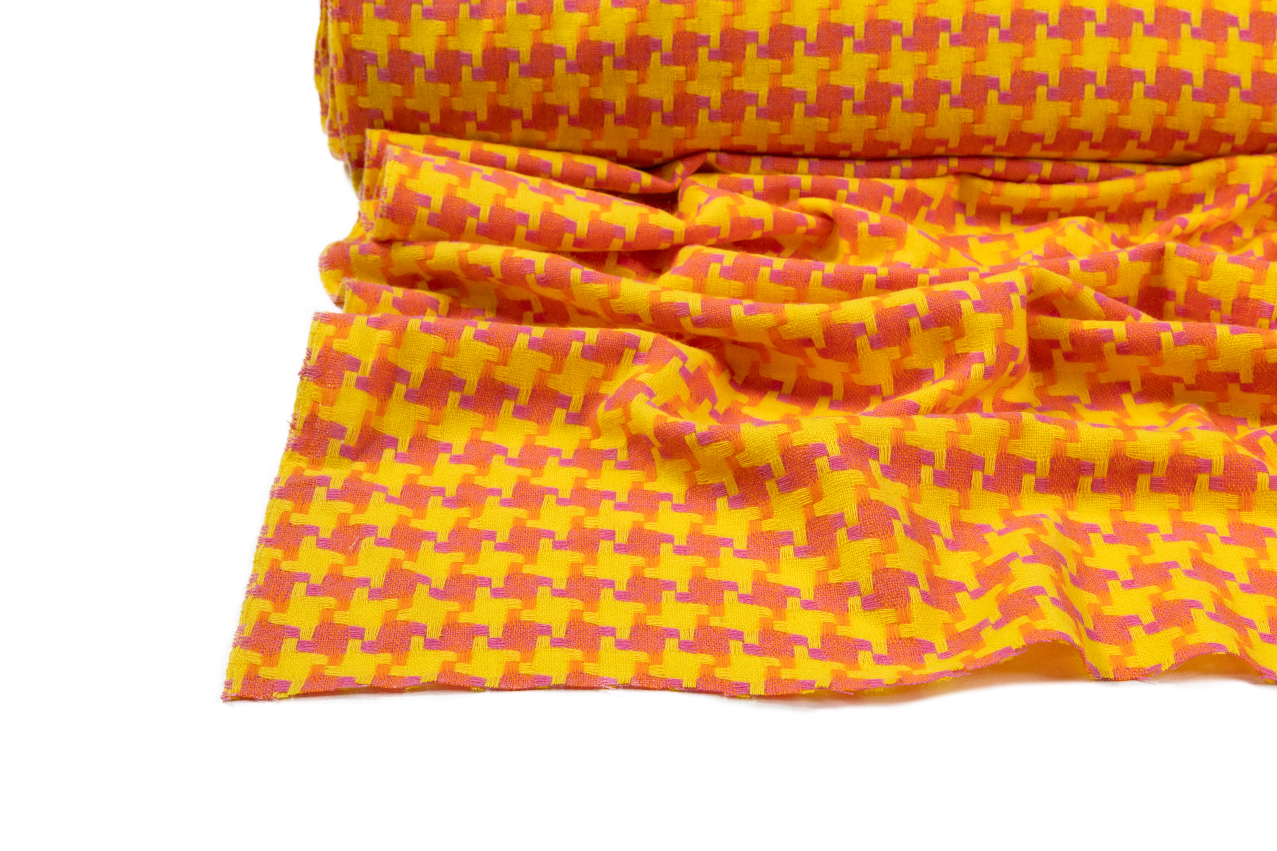 Houndstooth Italian Wool Cotton Tweed - Yellow / Orange / Pink