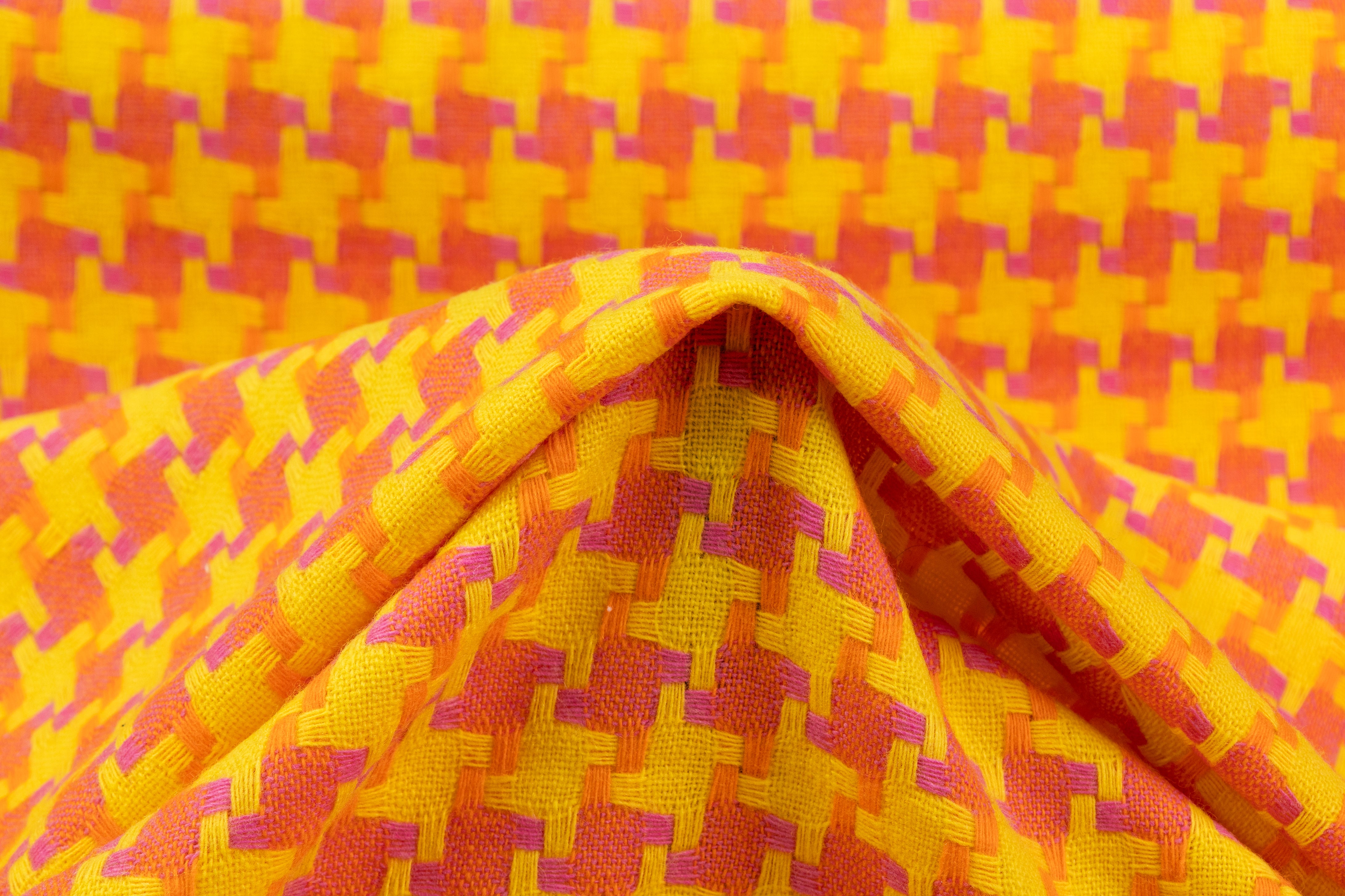Houndstooth Italian Wool Cotton Tweed - Yellow / Orange / Pink