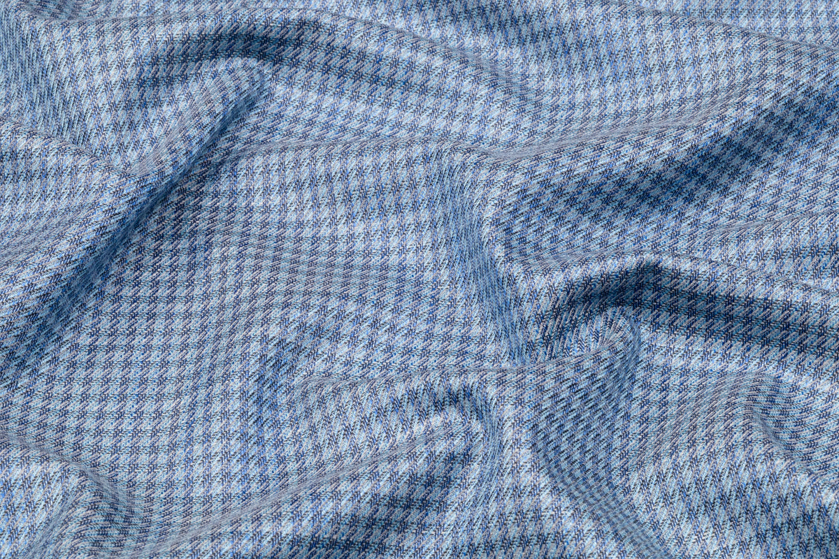 Micro Plaid Italian Wool Cotton Silk Suiting - Blue