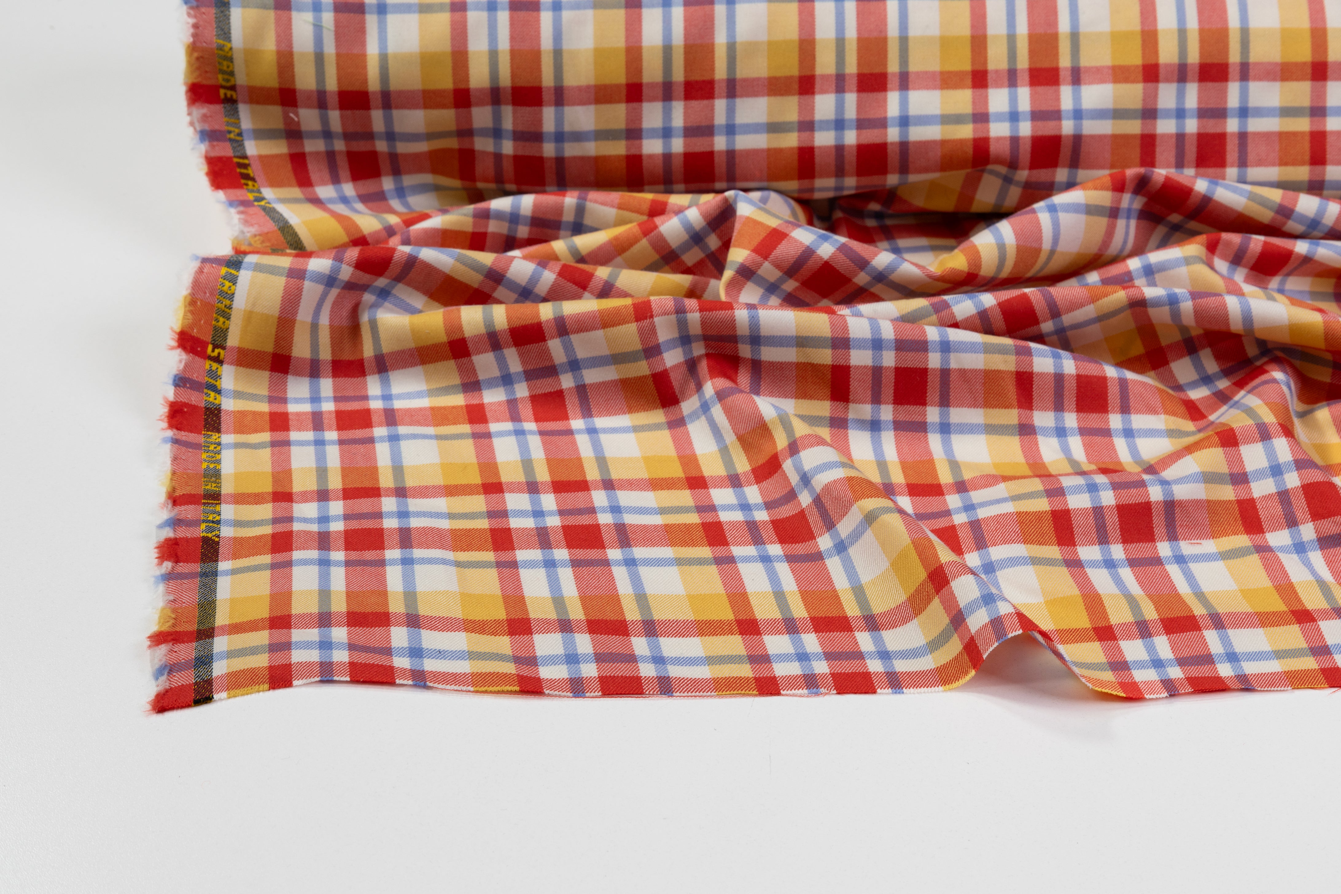 Checked Italian Silk and Wool Suiting - Red / Yellow / Blue