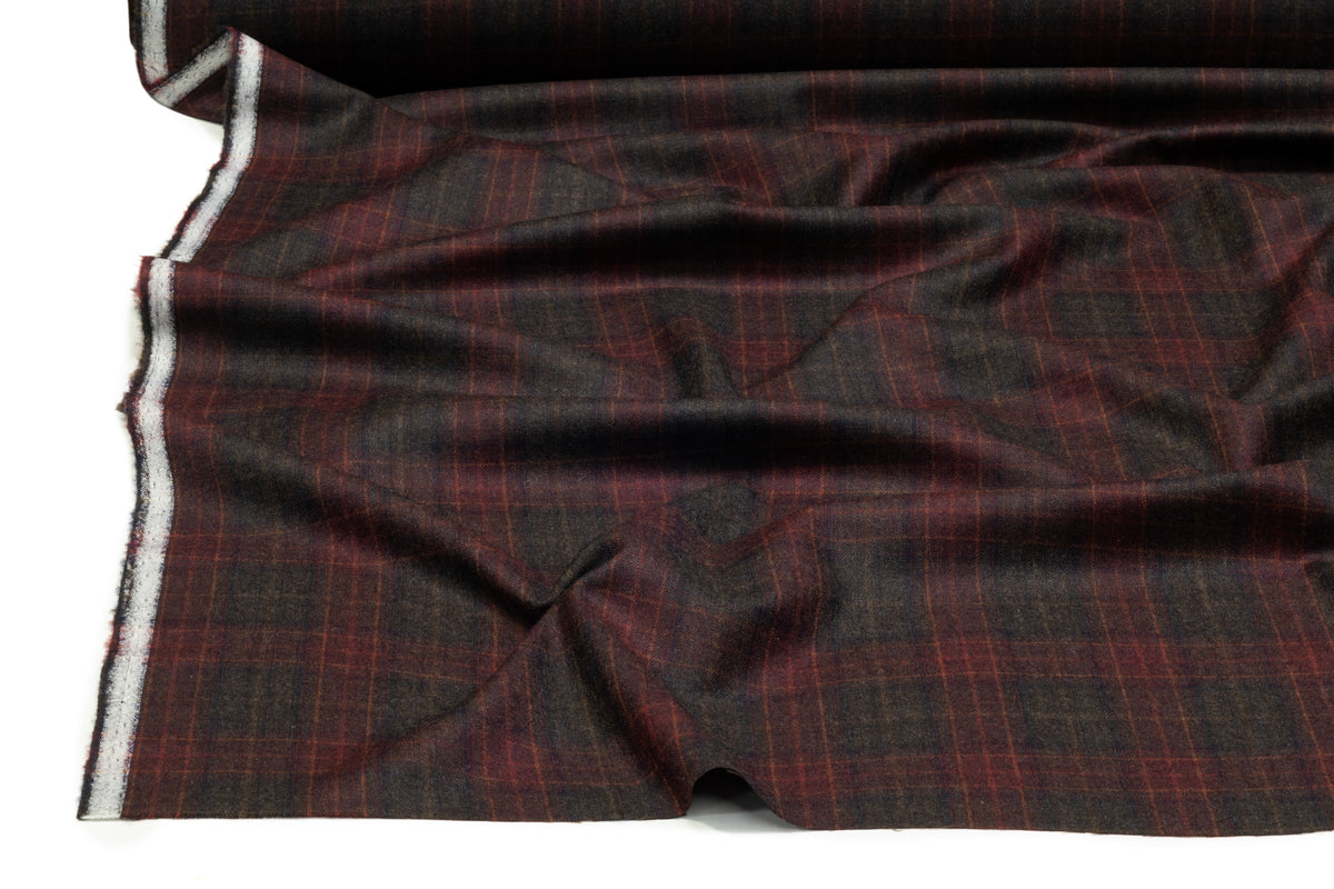 Plaid Italian Wool Flannel Suiting - Burgundy