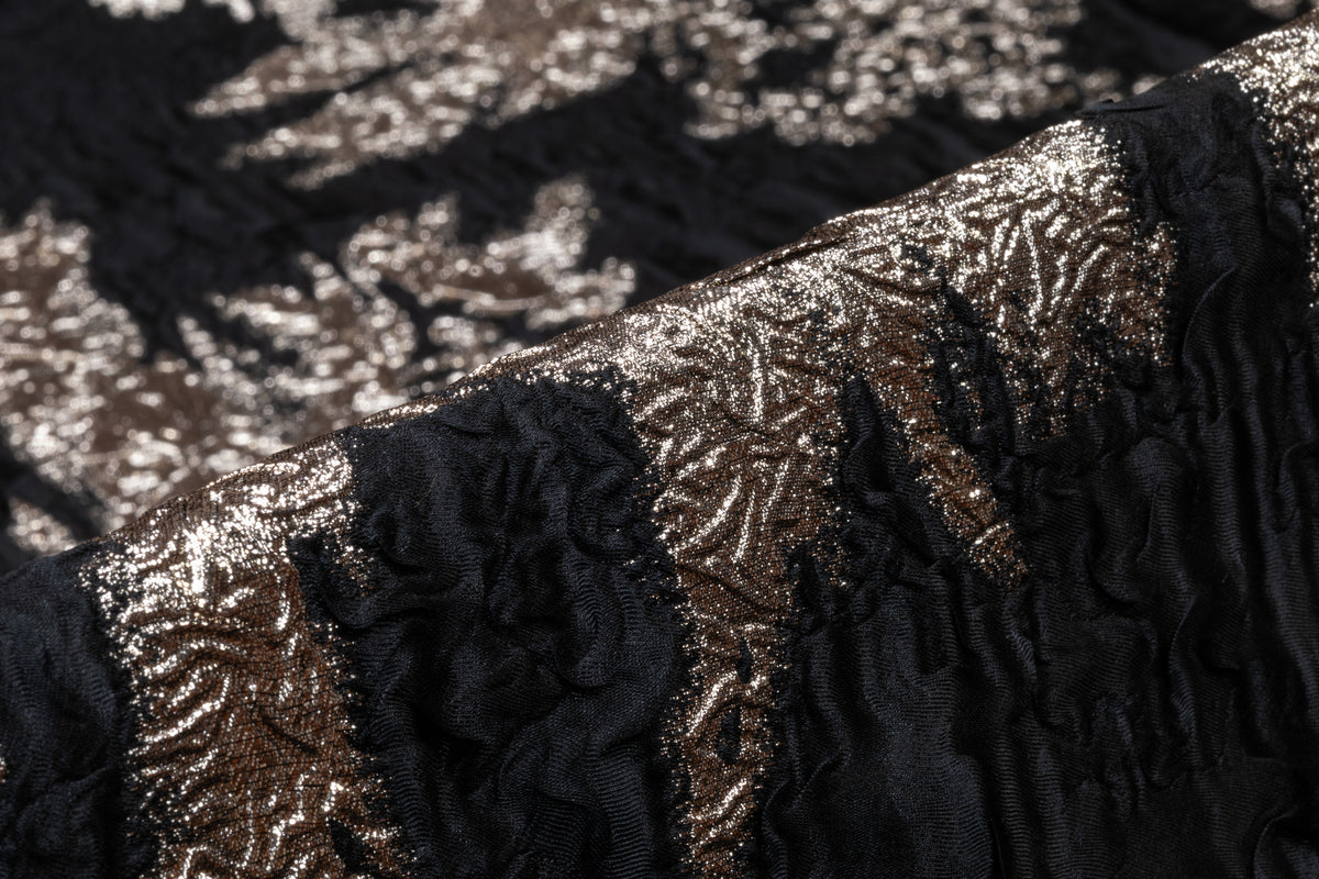 Abstract Crinkled Metallic Italian Silk Blend Brocade - Black / Platinum