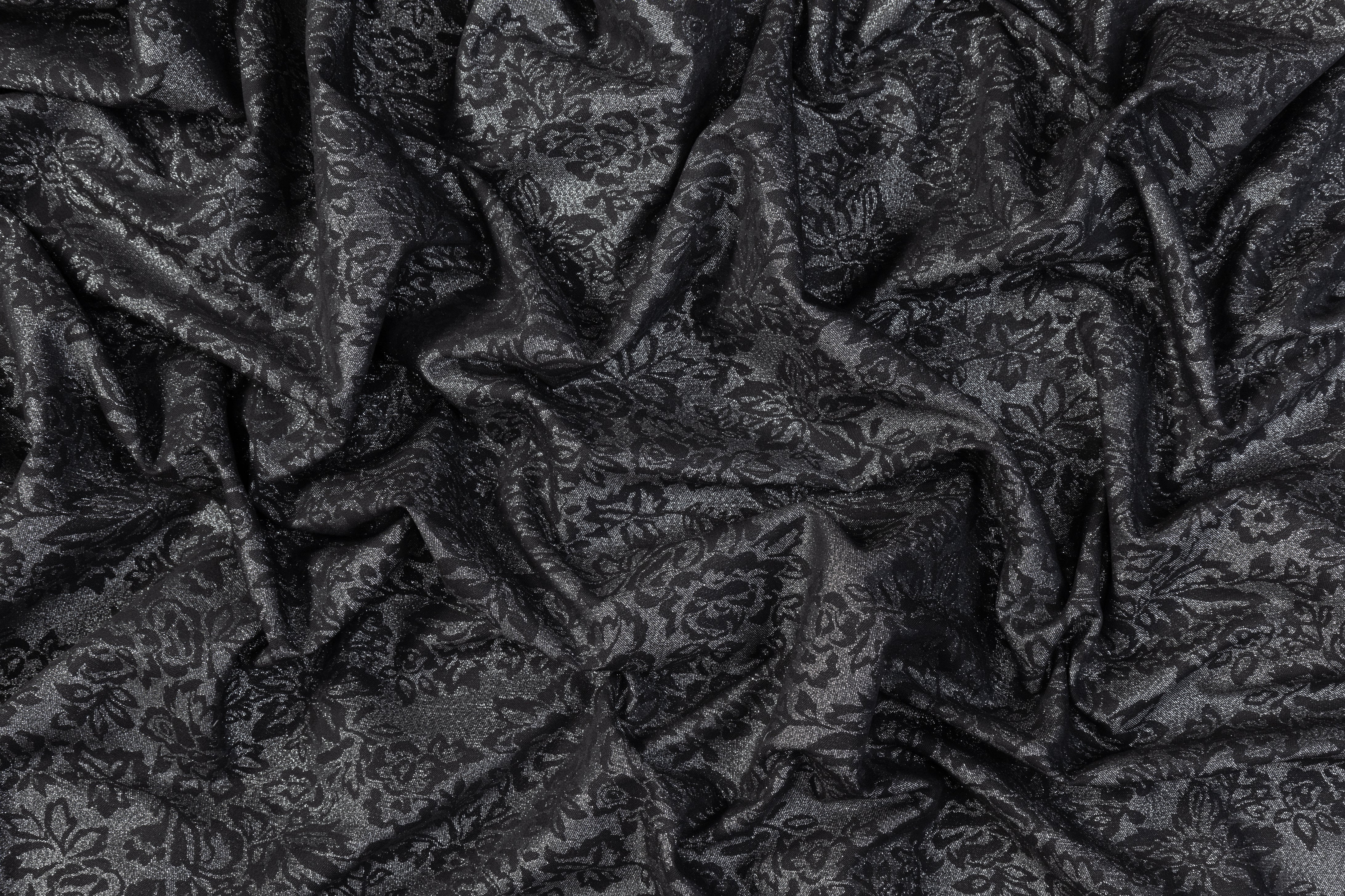 Double Faced Floral Metallic Cotton Denim - Black / Silver