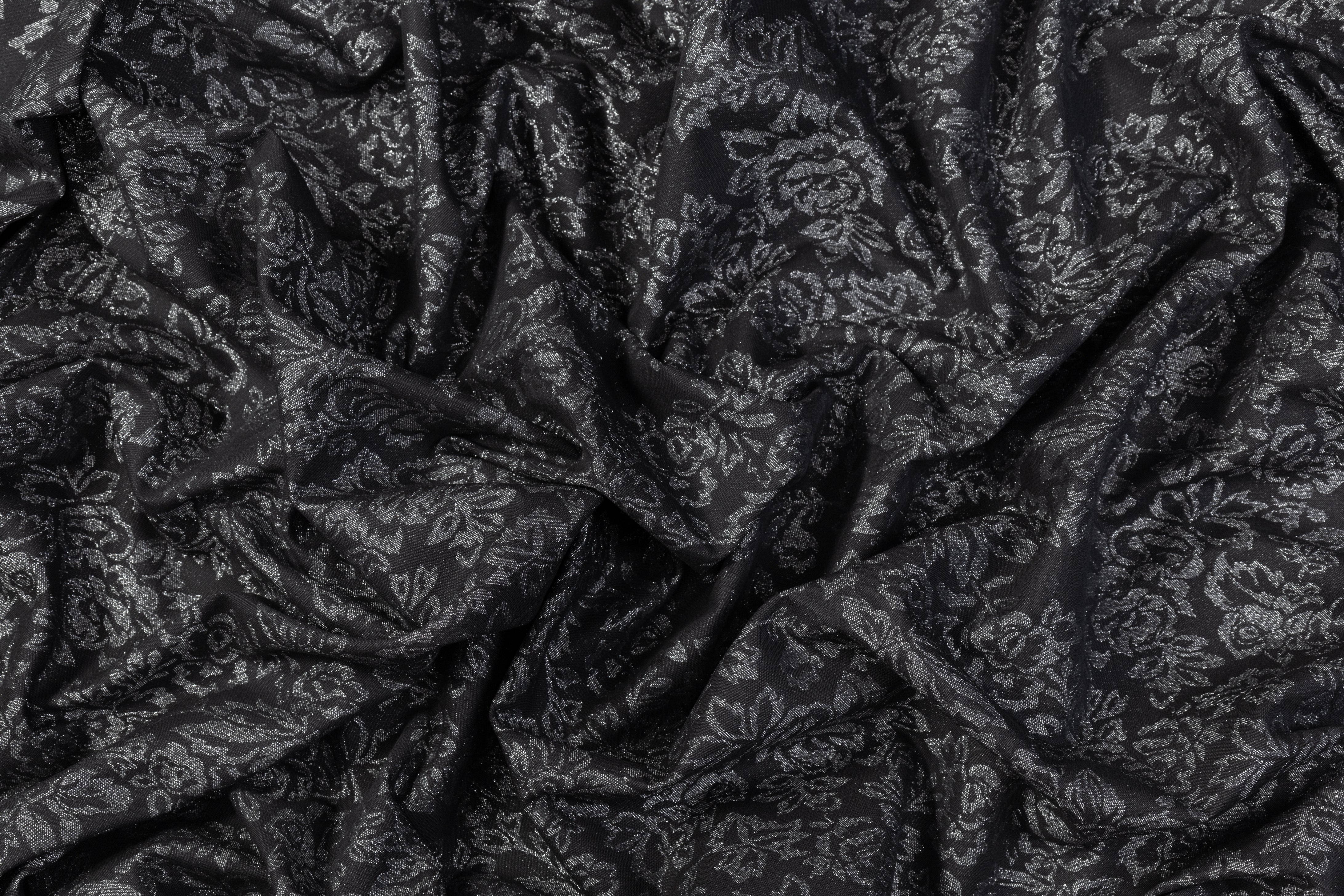 Double Faced Floral Metallic Cotton Denim - Black / Silver