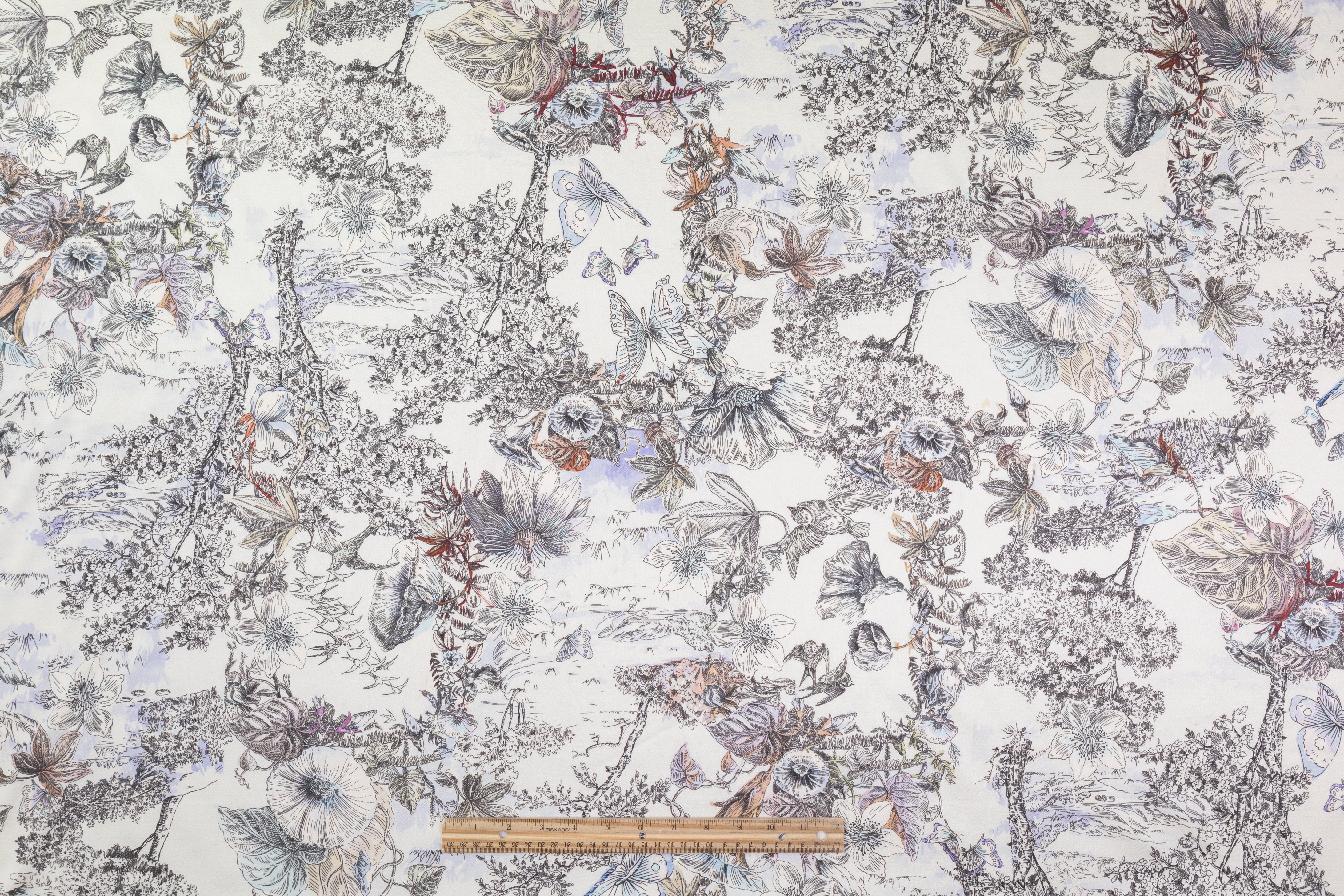 Luigi Verga - Floral Italian Silk Viscose Crepe Back Satin - Ivory / Multicolor