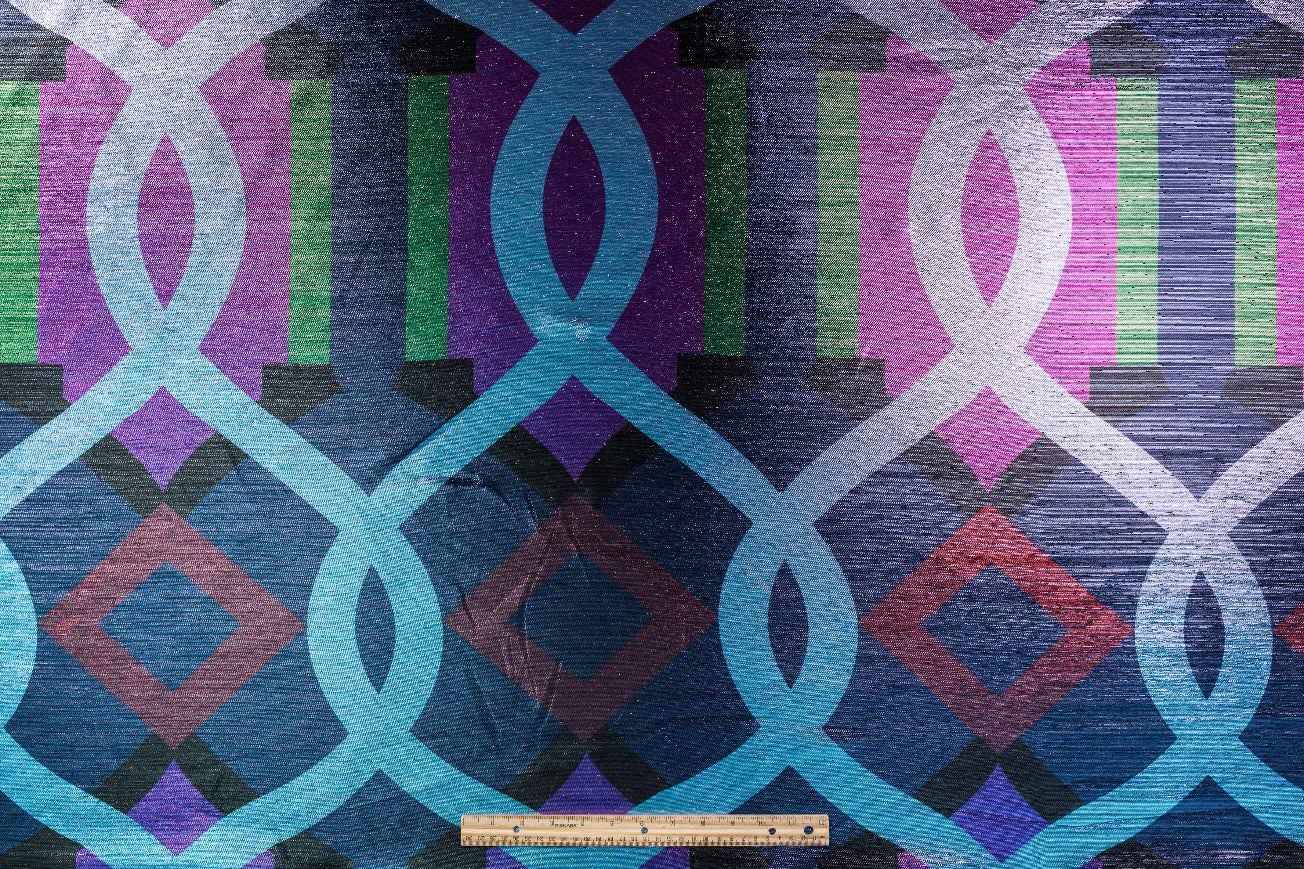 Geometric Italian Silk Lamé - Blue / Purple / Green