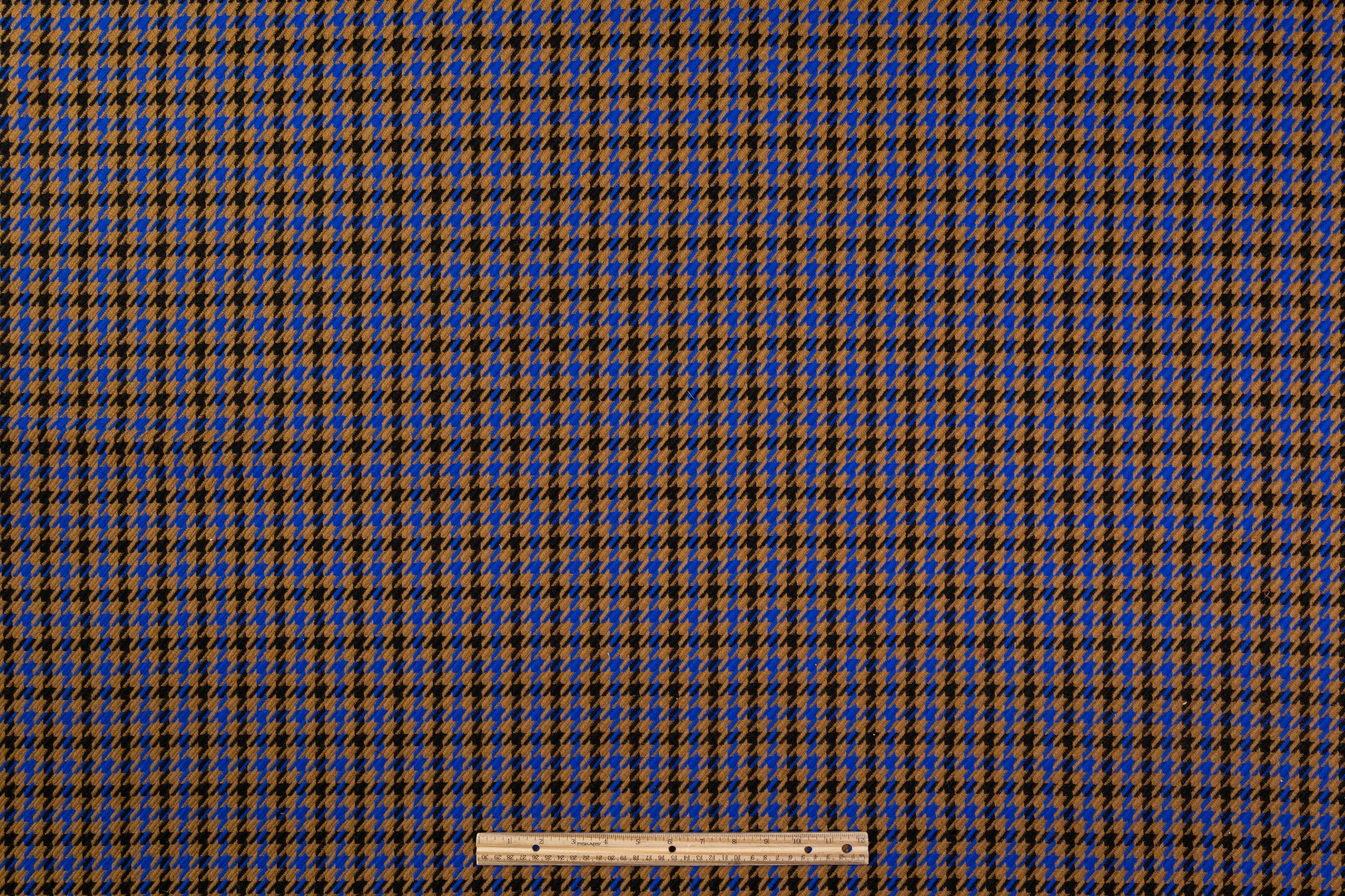 Houndstooth Italian Wool Blend Coating - Camel / Blue / Black