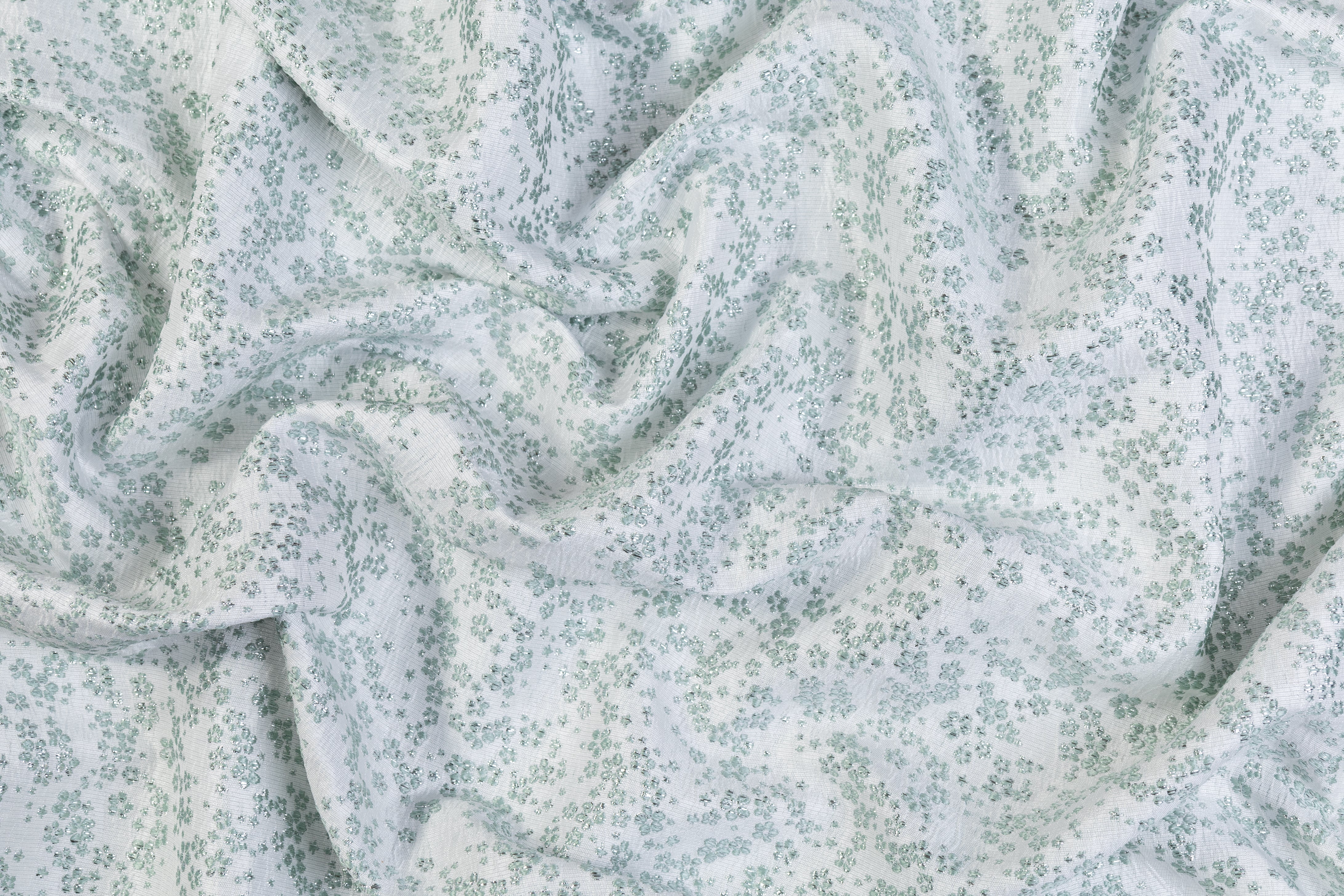 Ditsy Floral Metallic Brocade - Mint Green / White / Silver