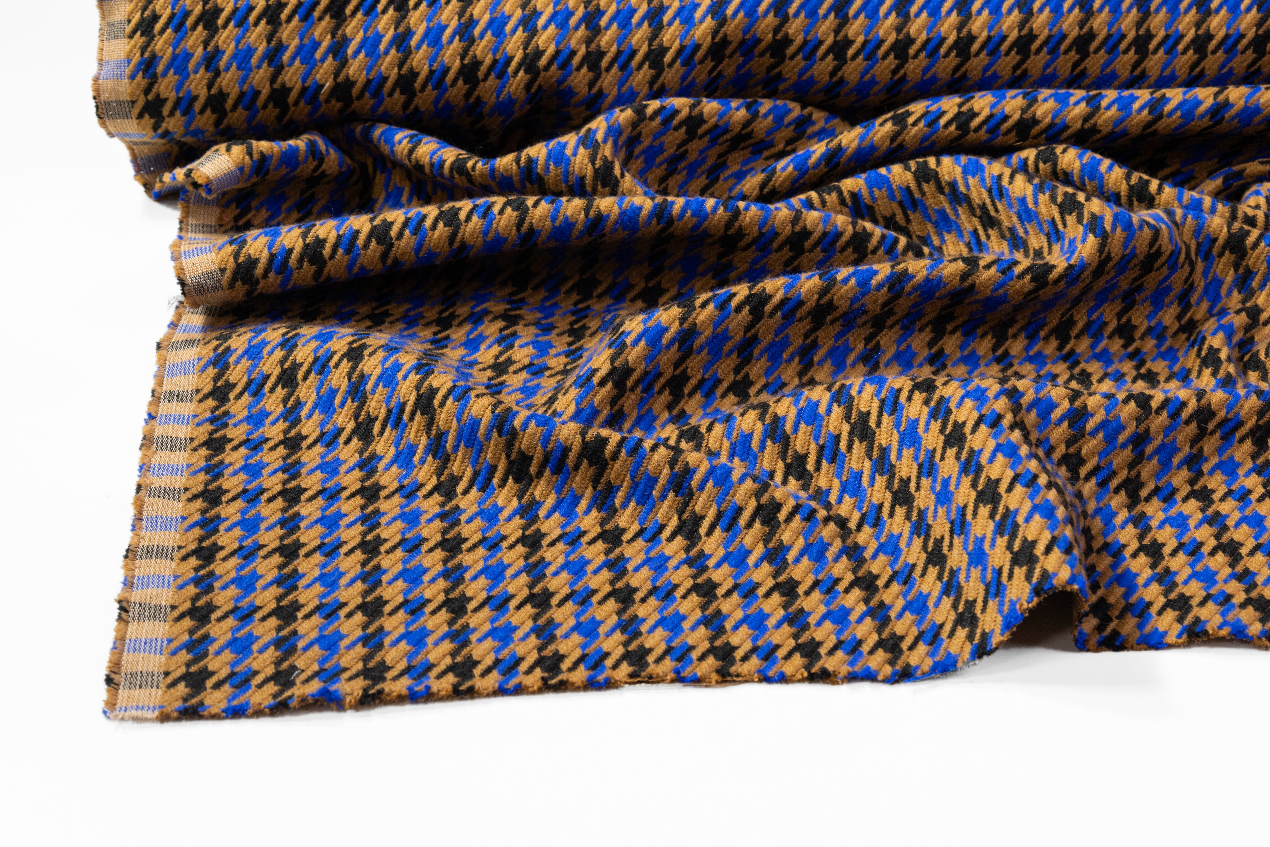 Houndstooth Italian Wool Blend Coating - Camel / Blue / Black