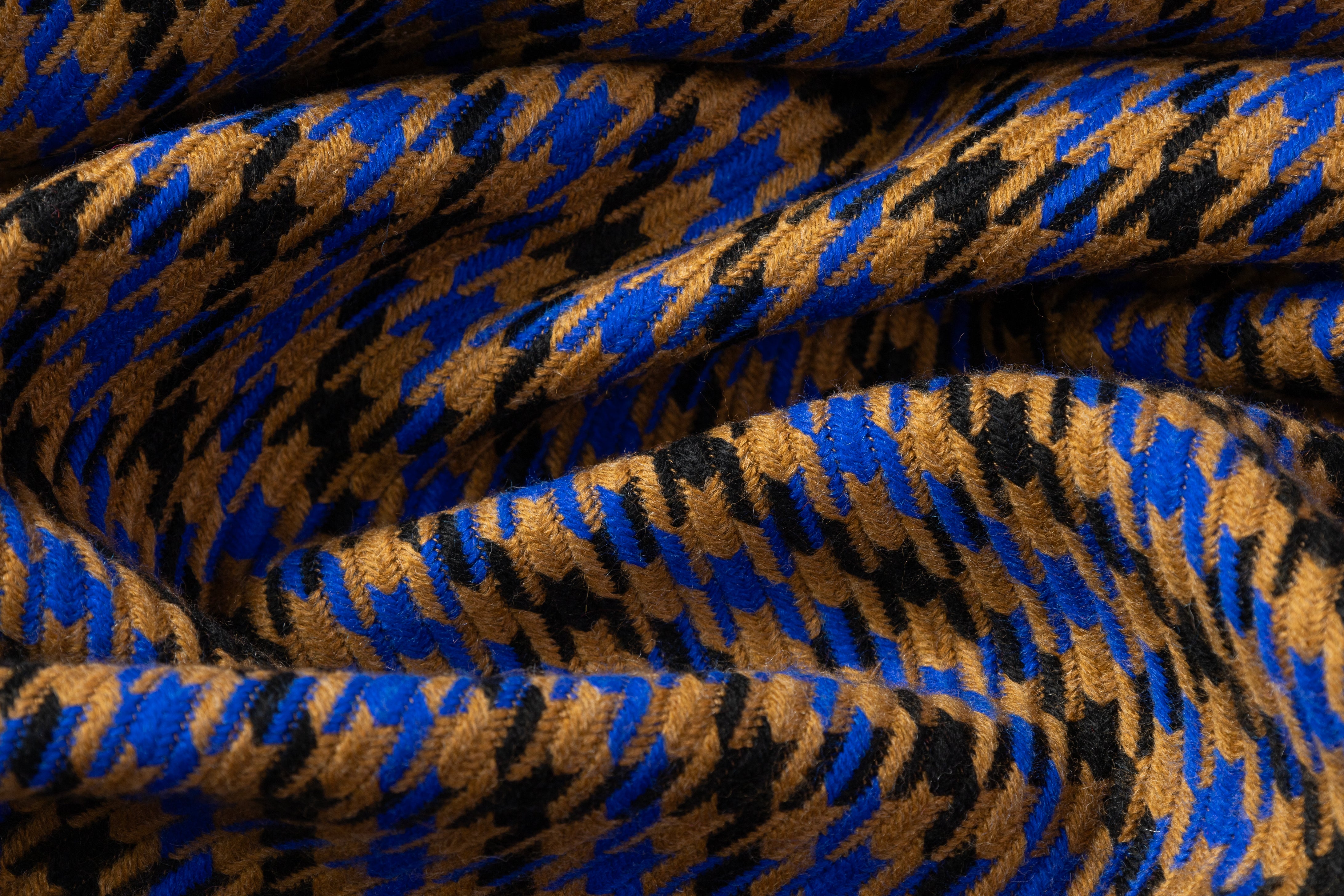 Houndstooth Italian Wool Blend Coating - Camel / Blue / Black