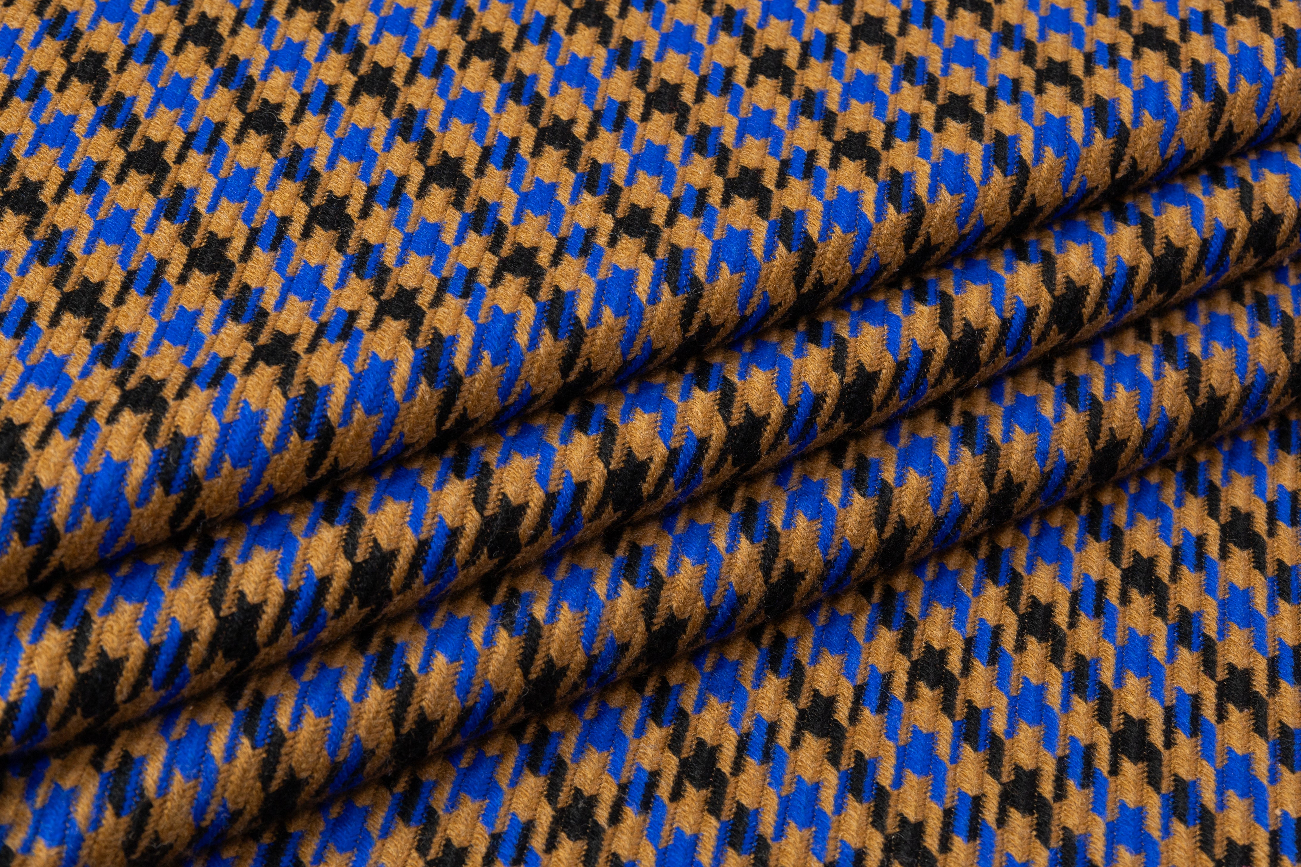 Houndstooth Italian Wool Blend Coating - Camel / Blue / Black