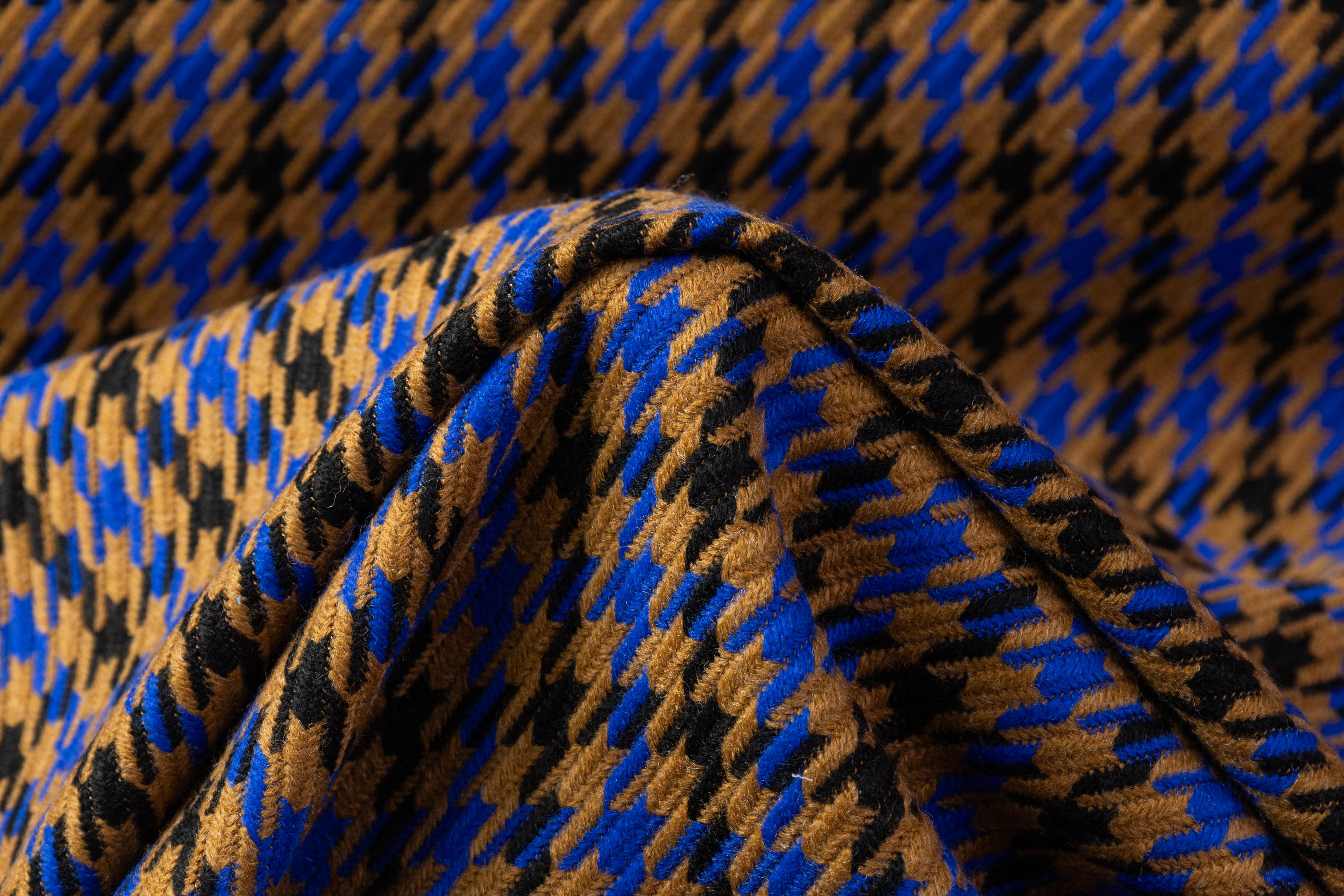 Houndstooth Italian Wool Blend Coating - Camel / Blue / Black
