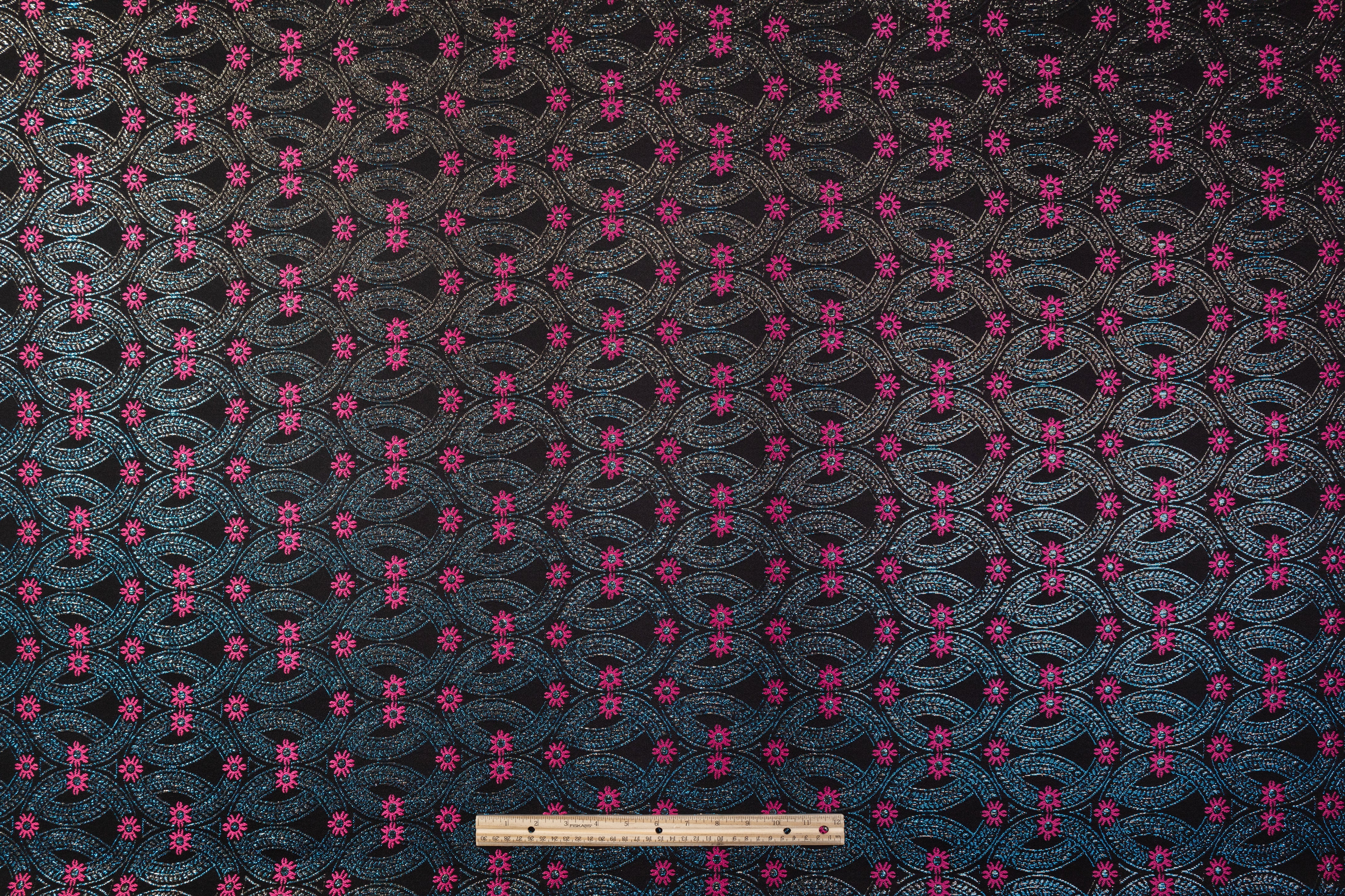 Iridescent Metallic Brocade - Black / Fuchsia / Blue