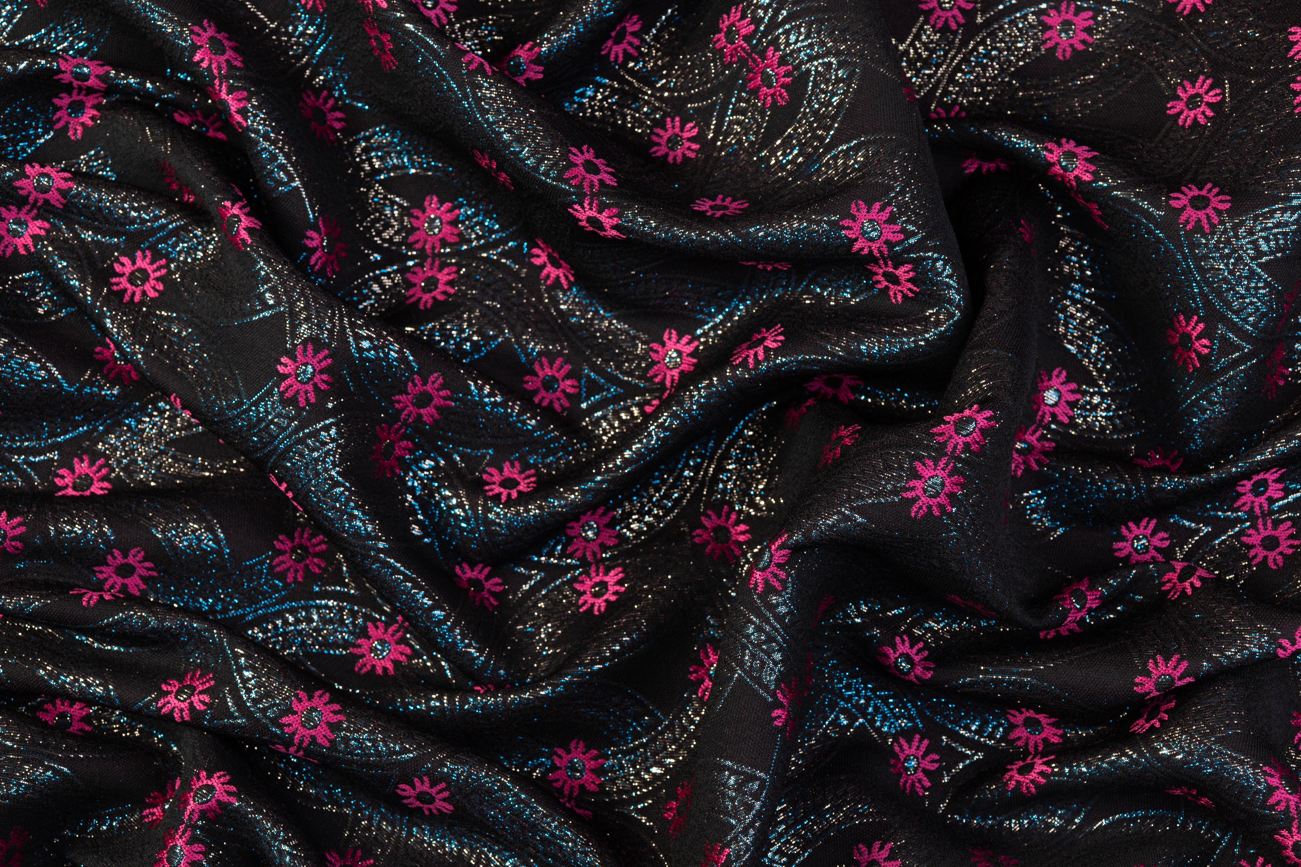 Iridescent Metallic Brocade - Black / Fuchsia / Blue