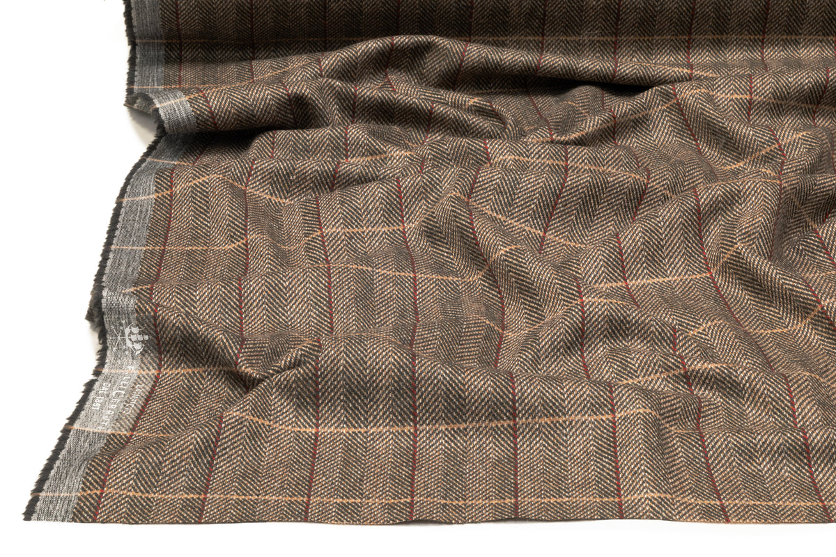 Checked Herringbone Italian Wool Cashmere Suiting - Brown