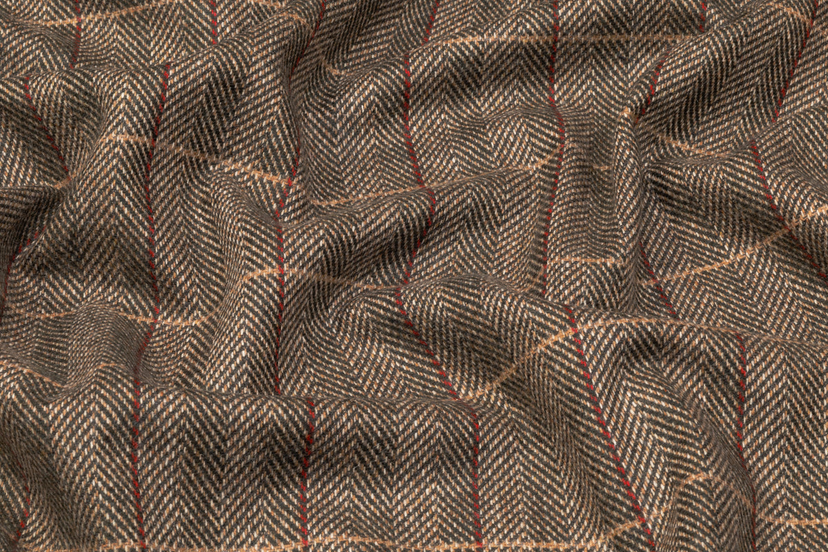 Checked Herringbone Italian Wool Cashmere Suiting - Brown