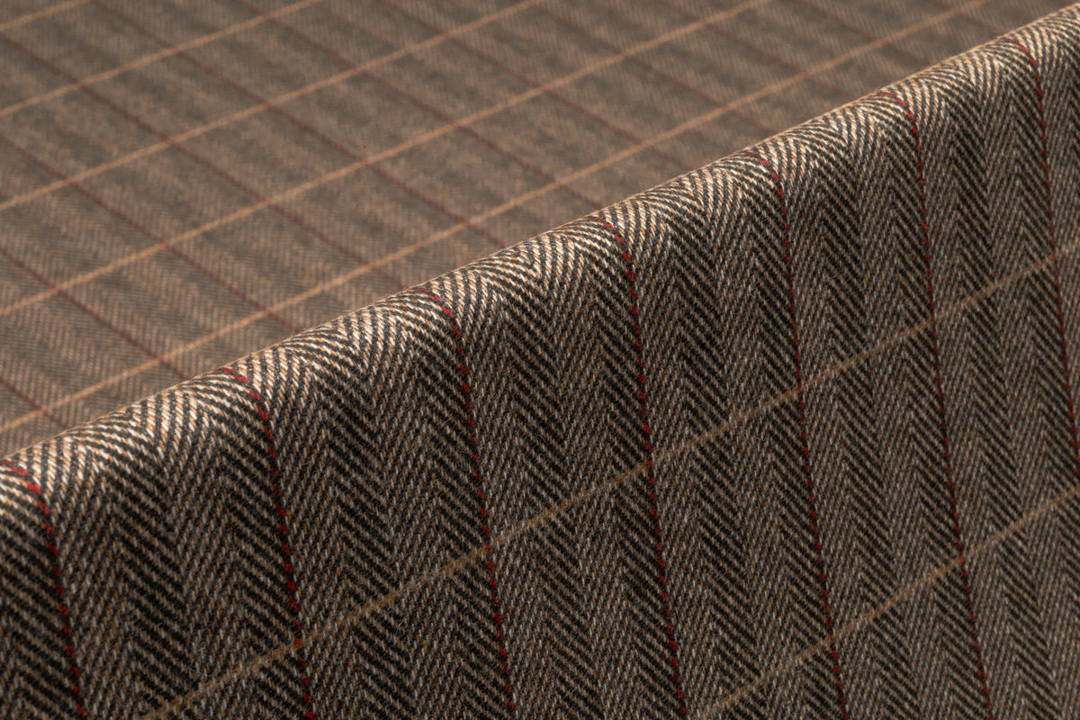 Checked Herringbone Italian Wool Cashmere Suiting - Brown