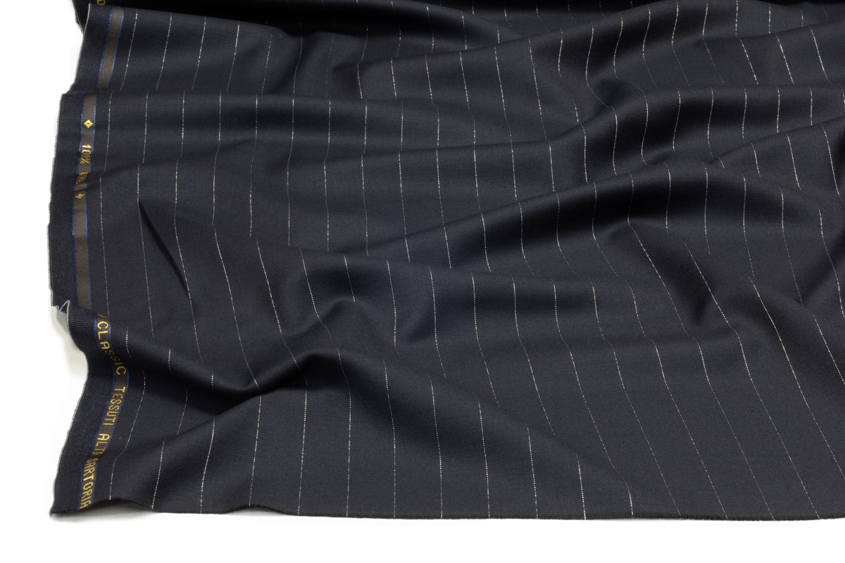 Metallic Pin Striped Italian Wool Suiting - Navy / Silver