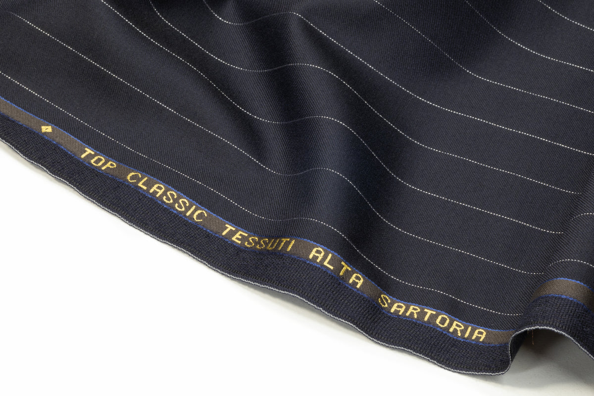 Metallic Pin Striped Italian Wool Suiting - Navy / Silver