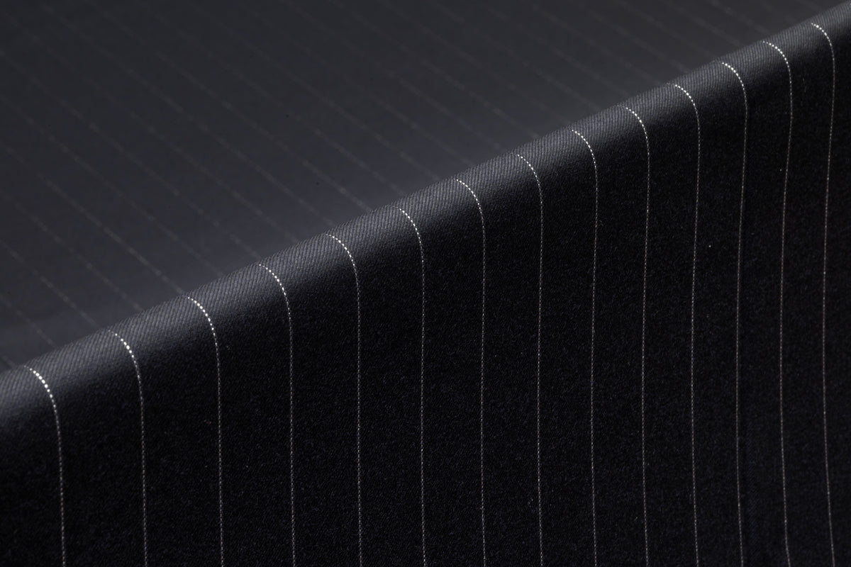 Metallic Pin Striped Italian Wool Suiting - Navy / Silver