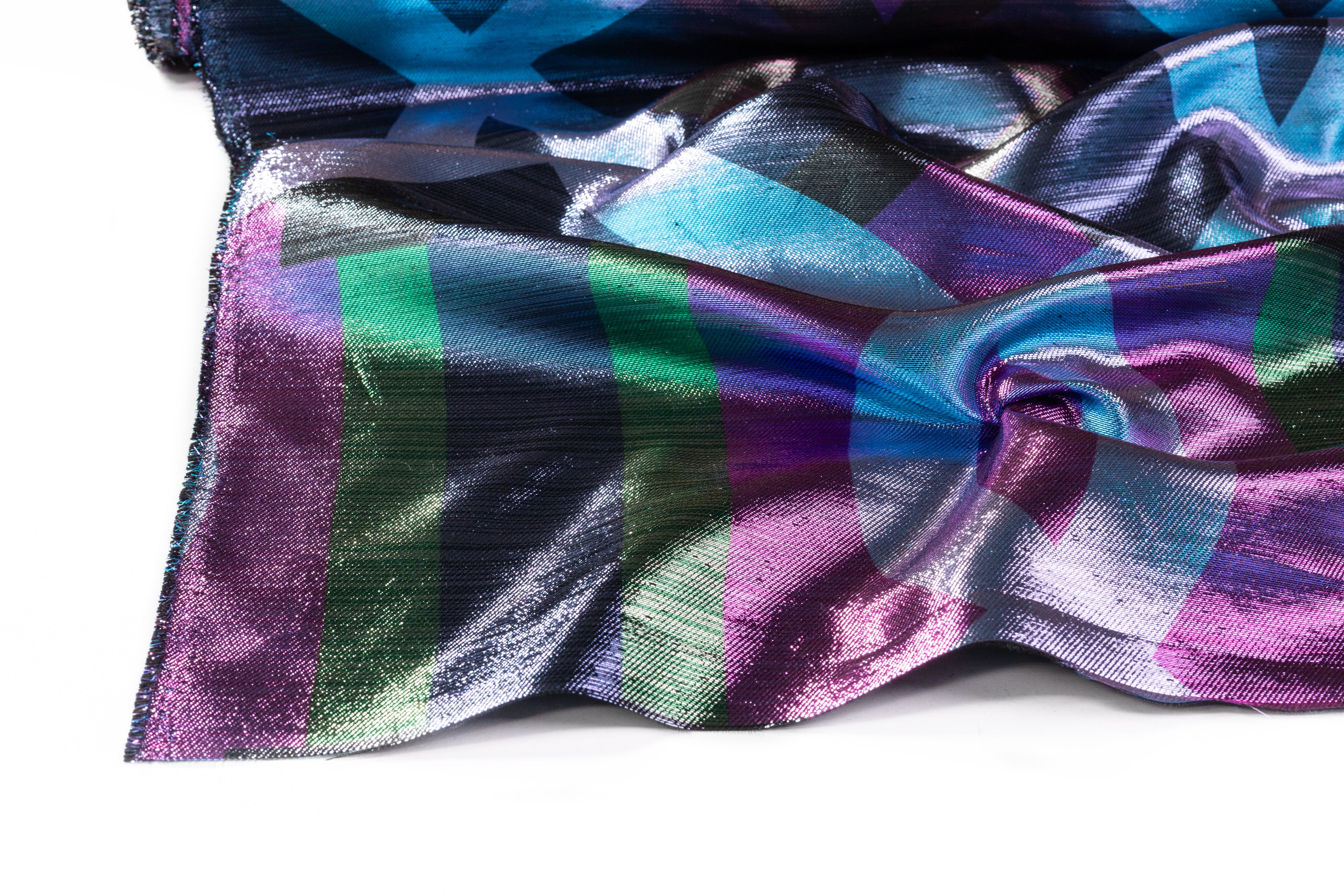 Geometric Italian Silk Lamé - Blue / Purple / Green