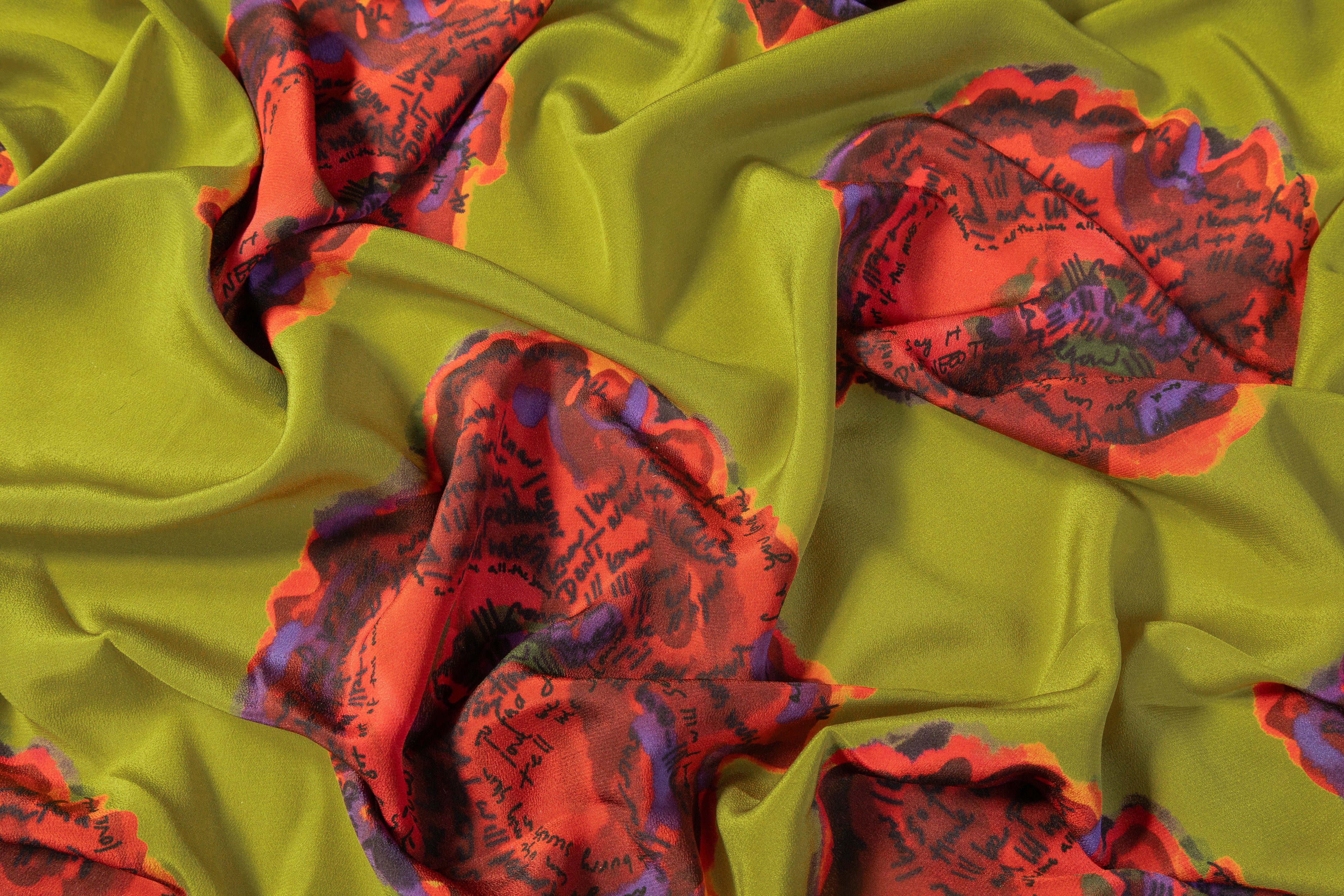 Abstract Silk Crepe de Chine - Green / Burgundy