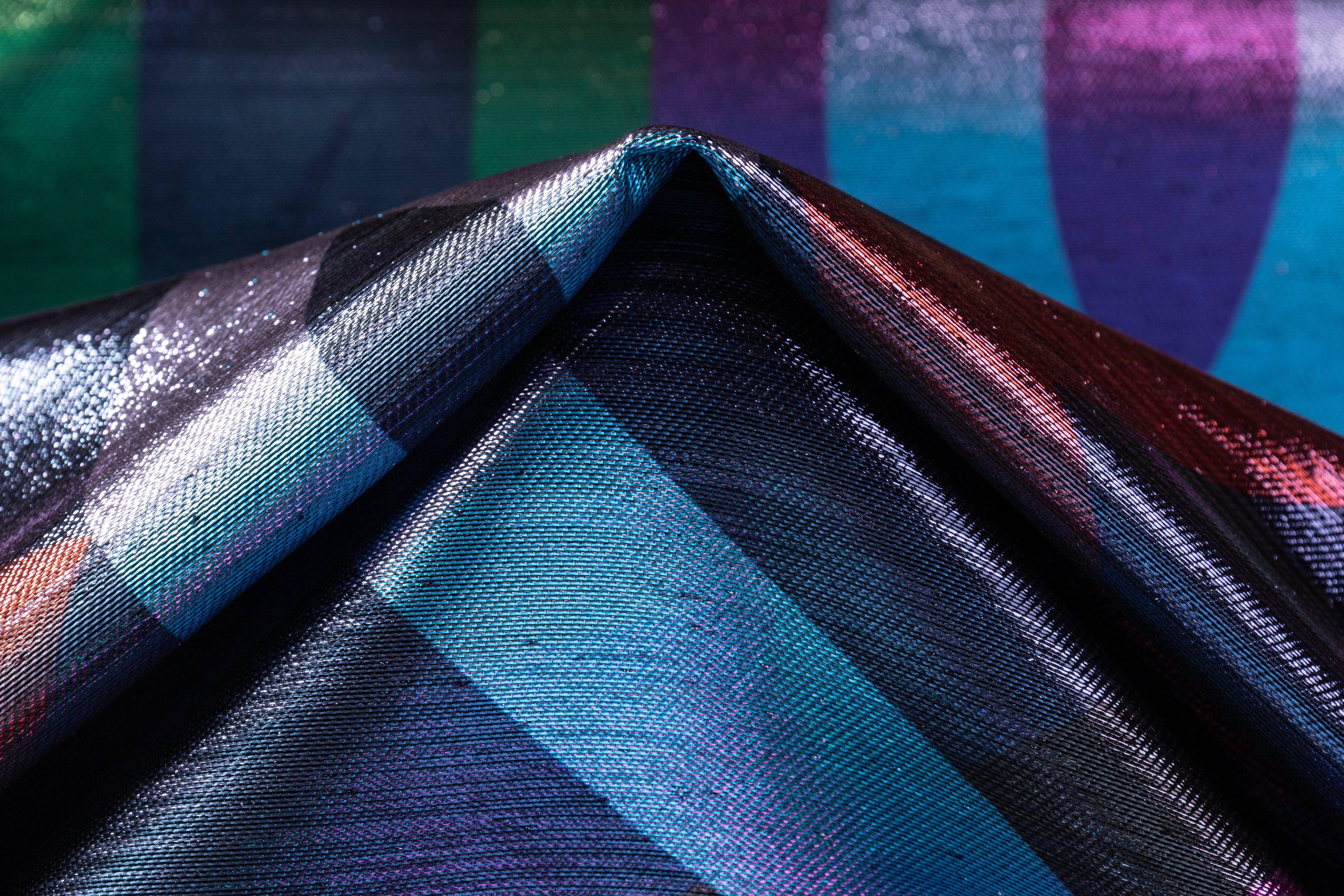 Geometric Italian Silk Lamé - Blue / Purple / Green