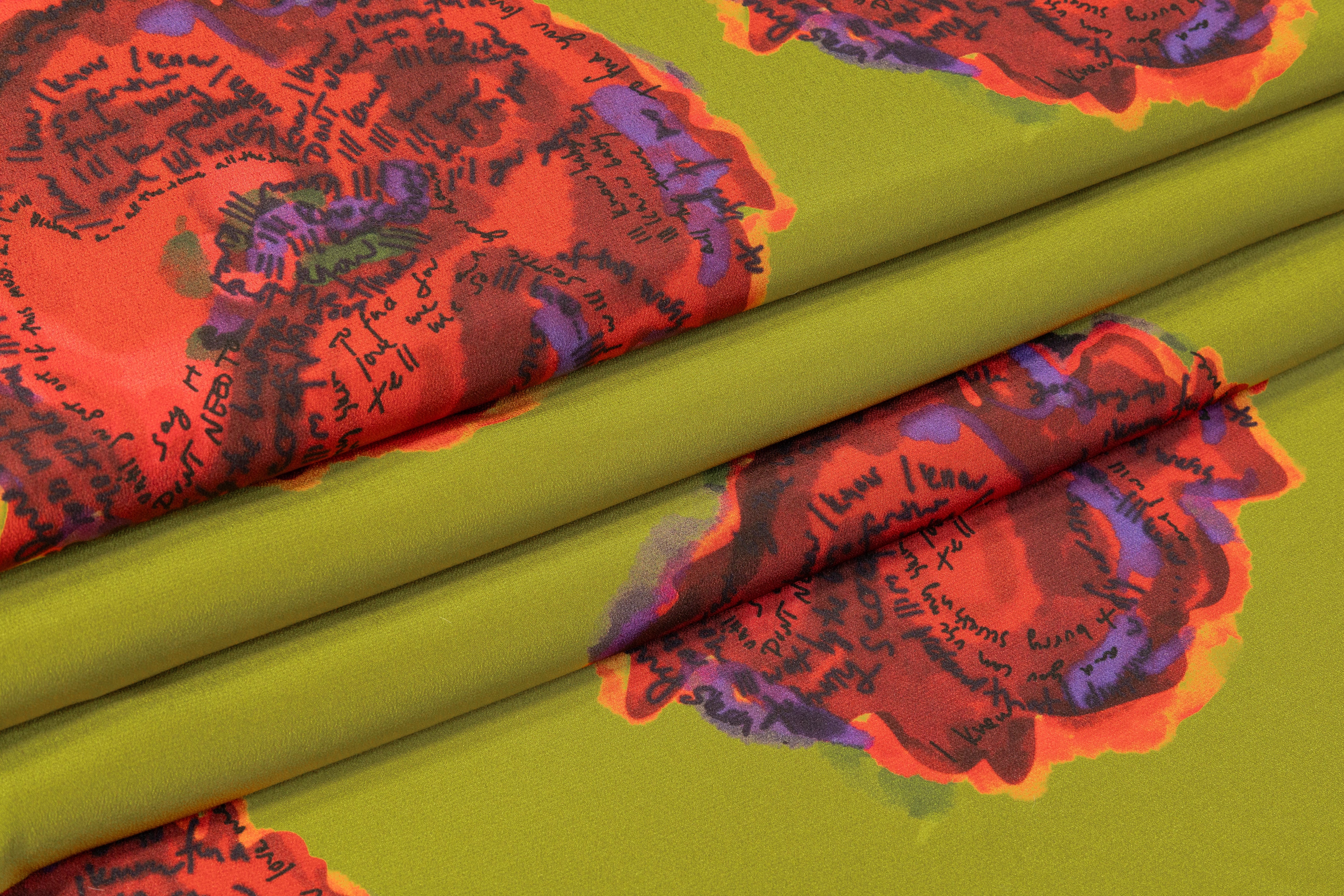 Abstract Silk Crepe de Chine - Green / Burgundy