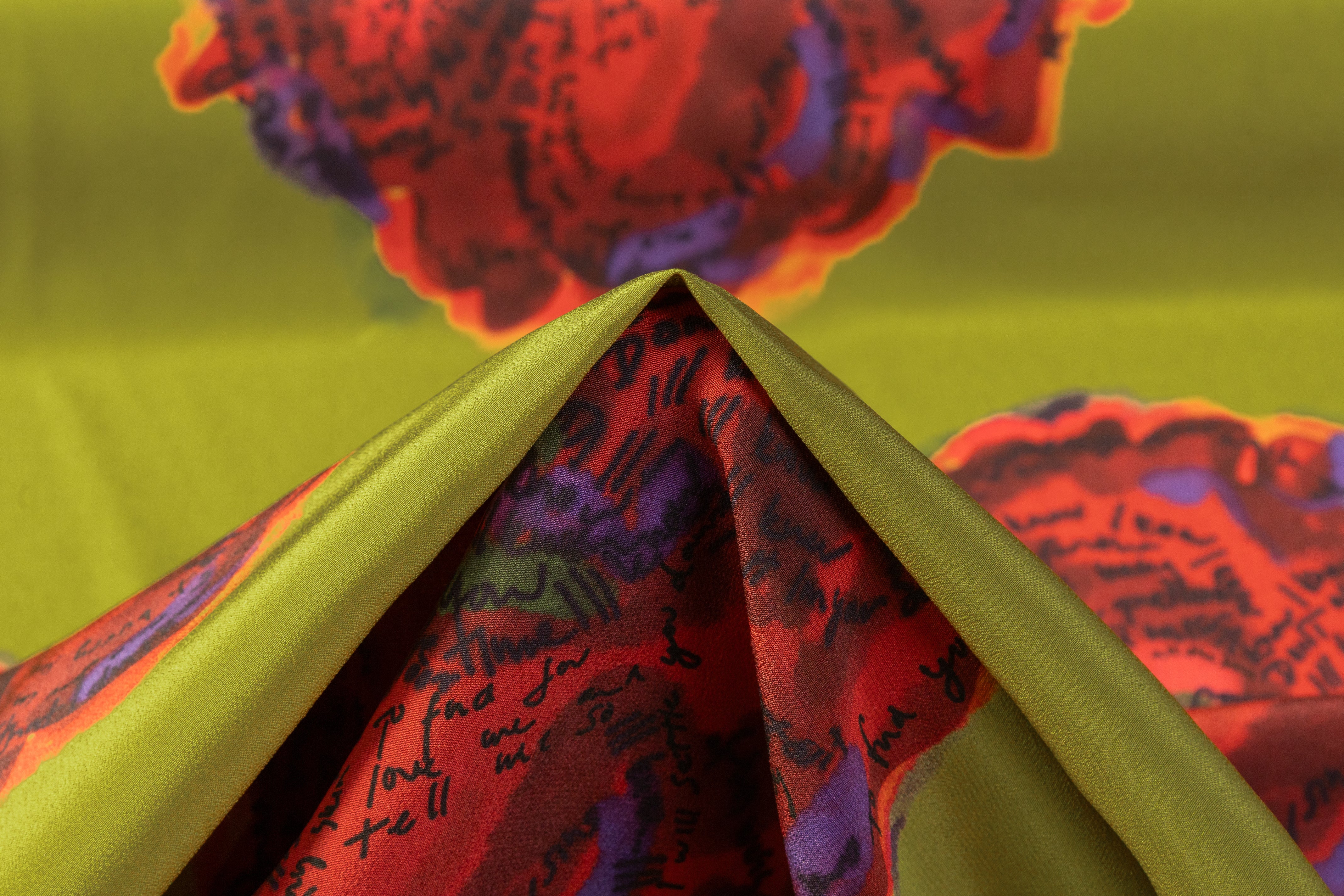 Abstract Silk Crepe de Chine - Green / Burgundy