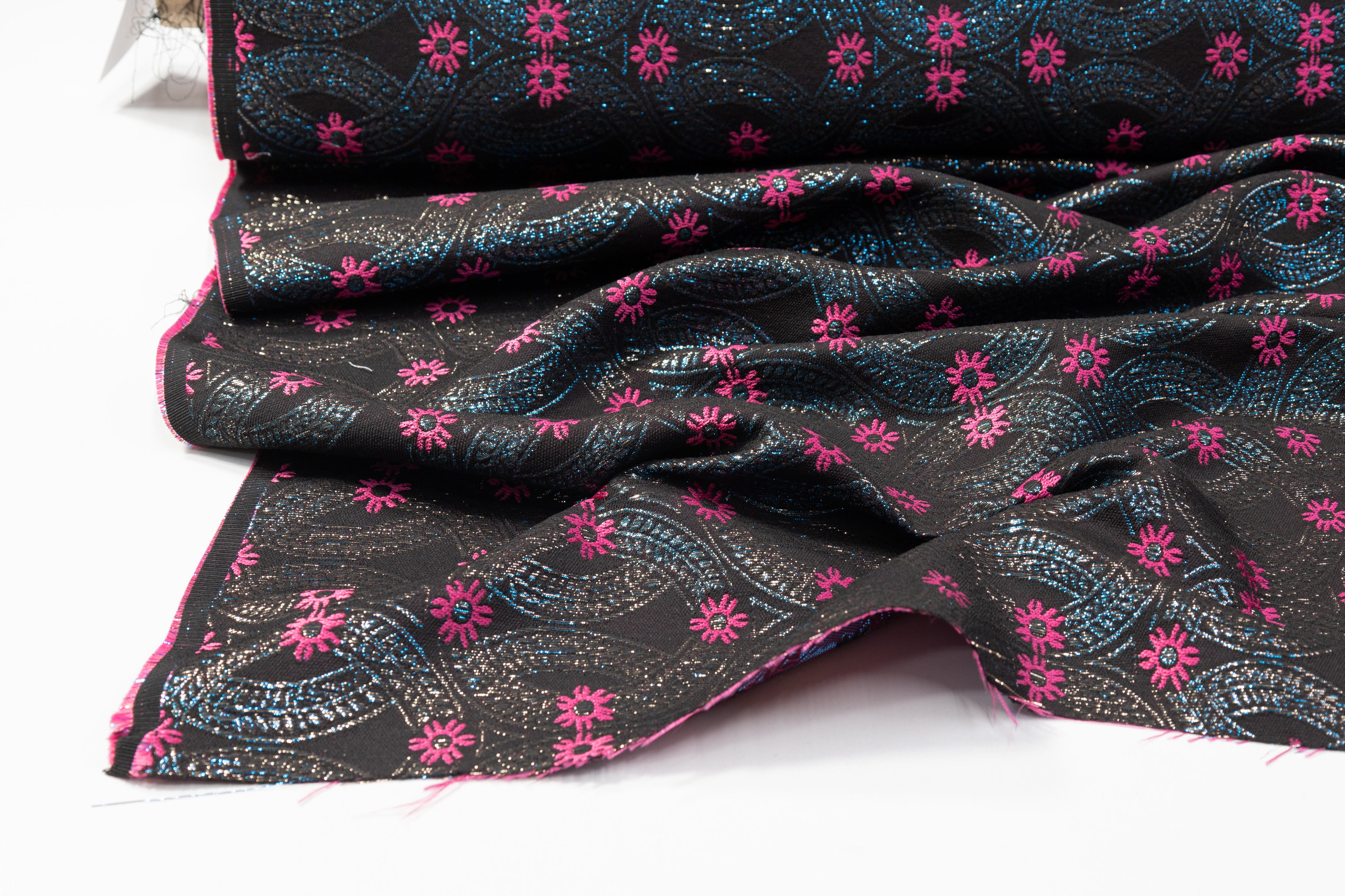 Iridescent Metallic Brocade - Black / Fuchsia / Blue