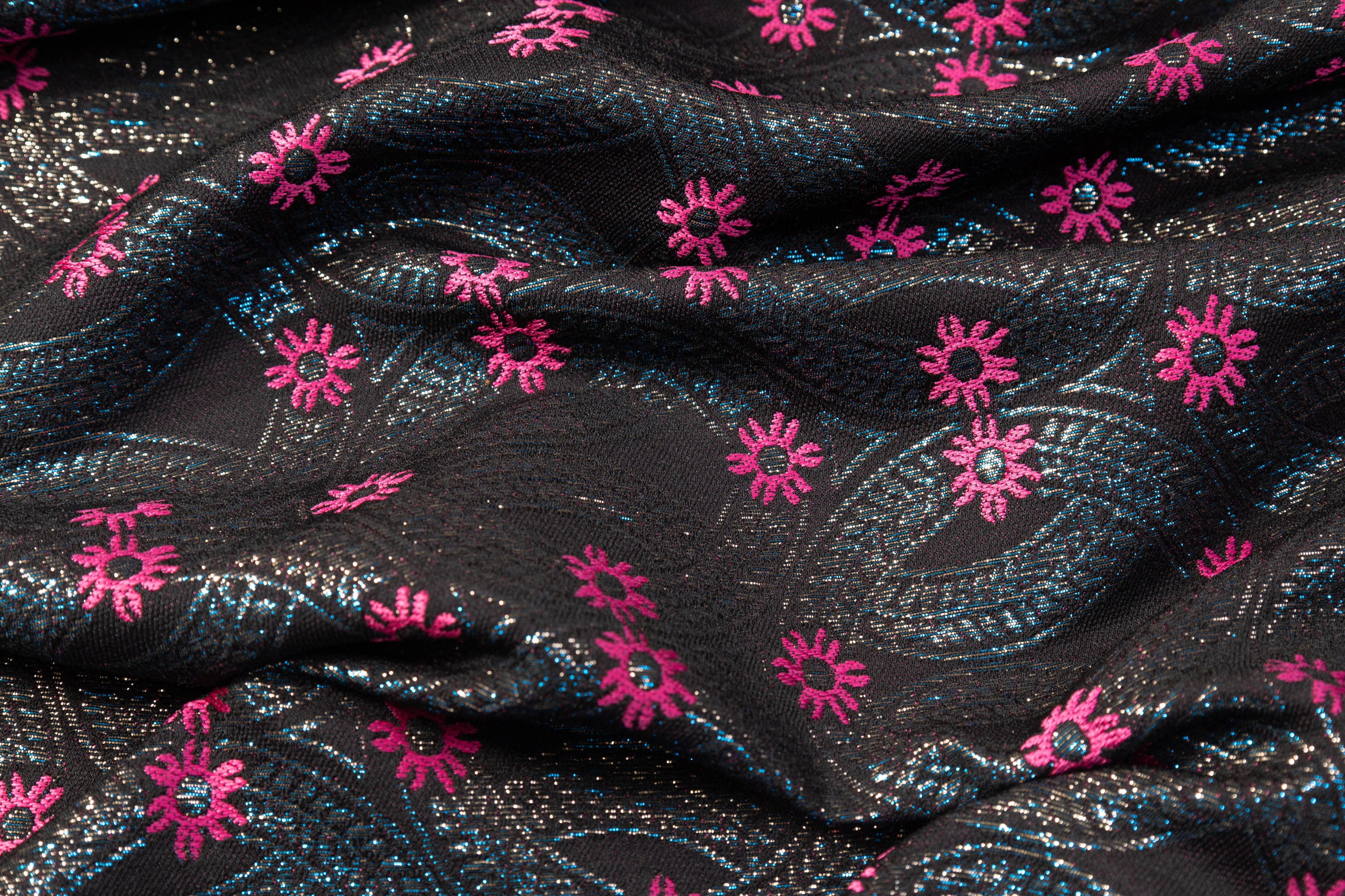 Iridescent Metallic Brocade - Black / Fuchsia / Blue