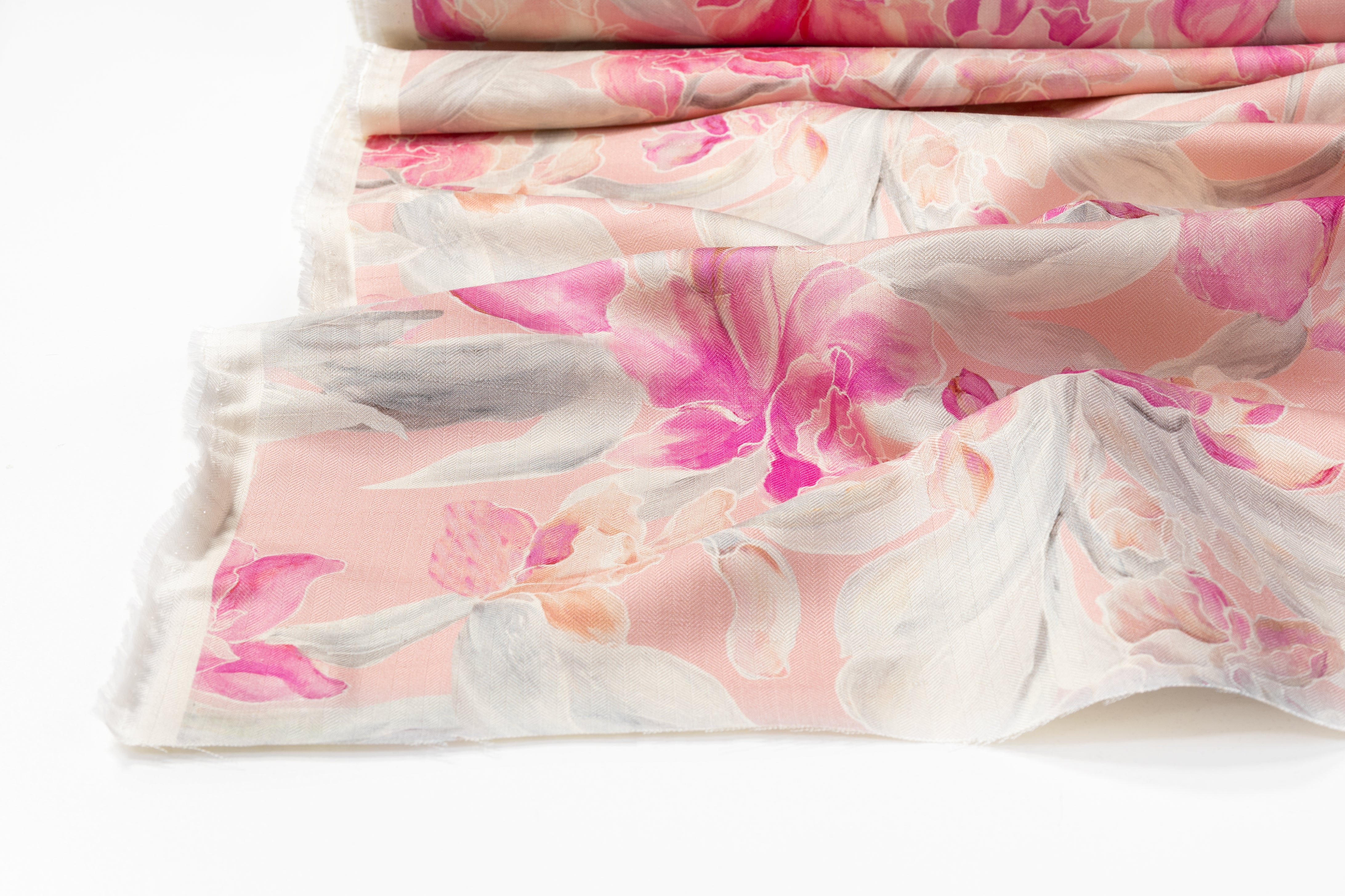 Floral Italian Silk Herringbone - Pink / Gray