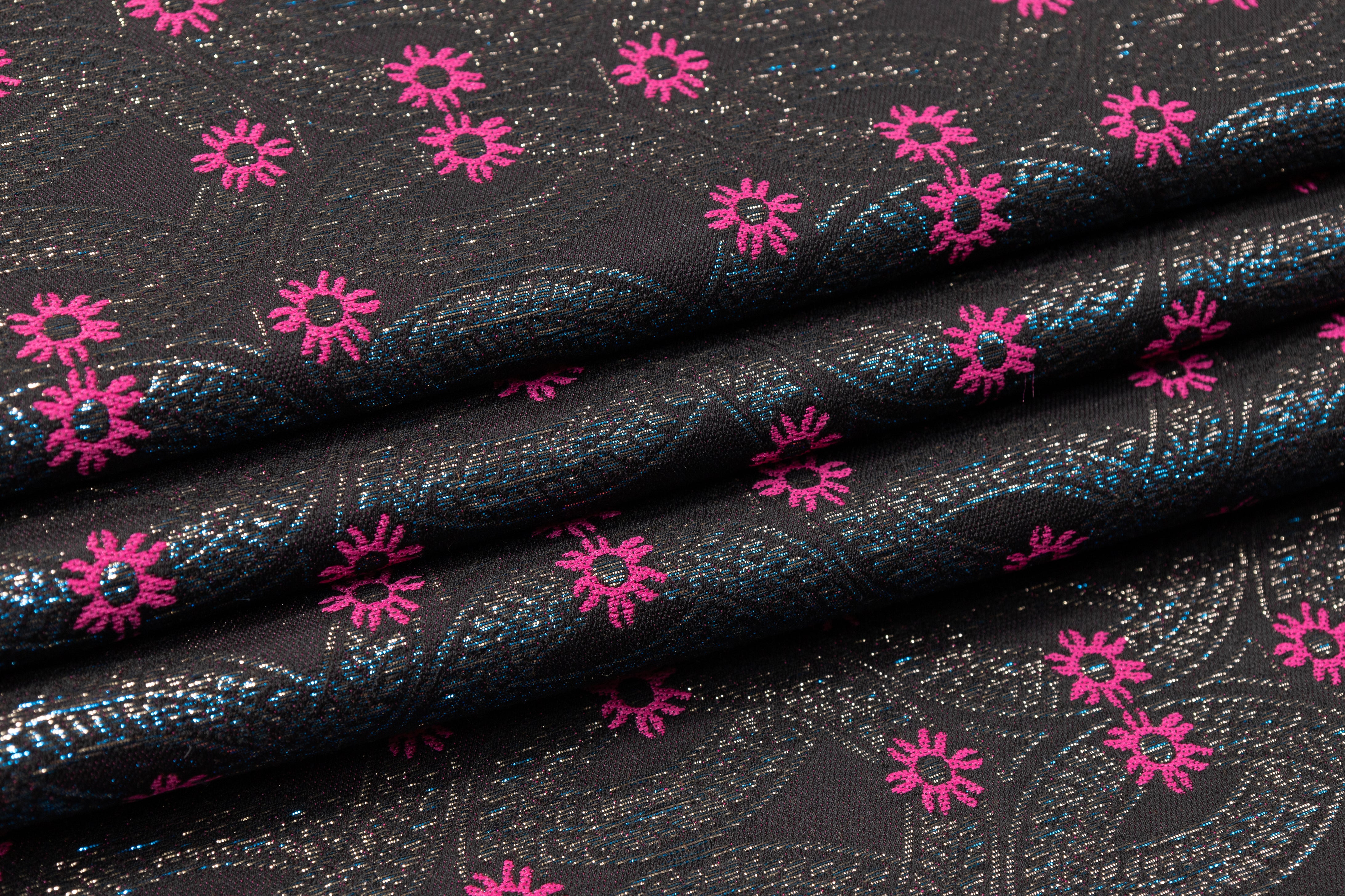 Iridescent Metallic Brocade - Black / Fuchsia / Blue