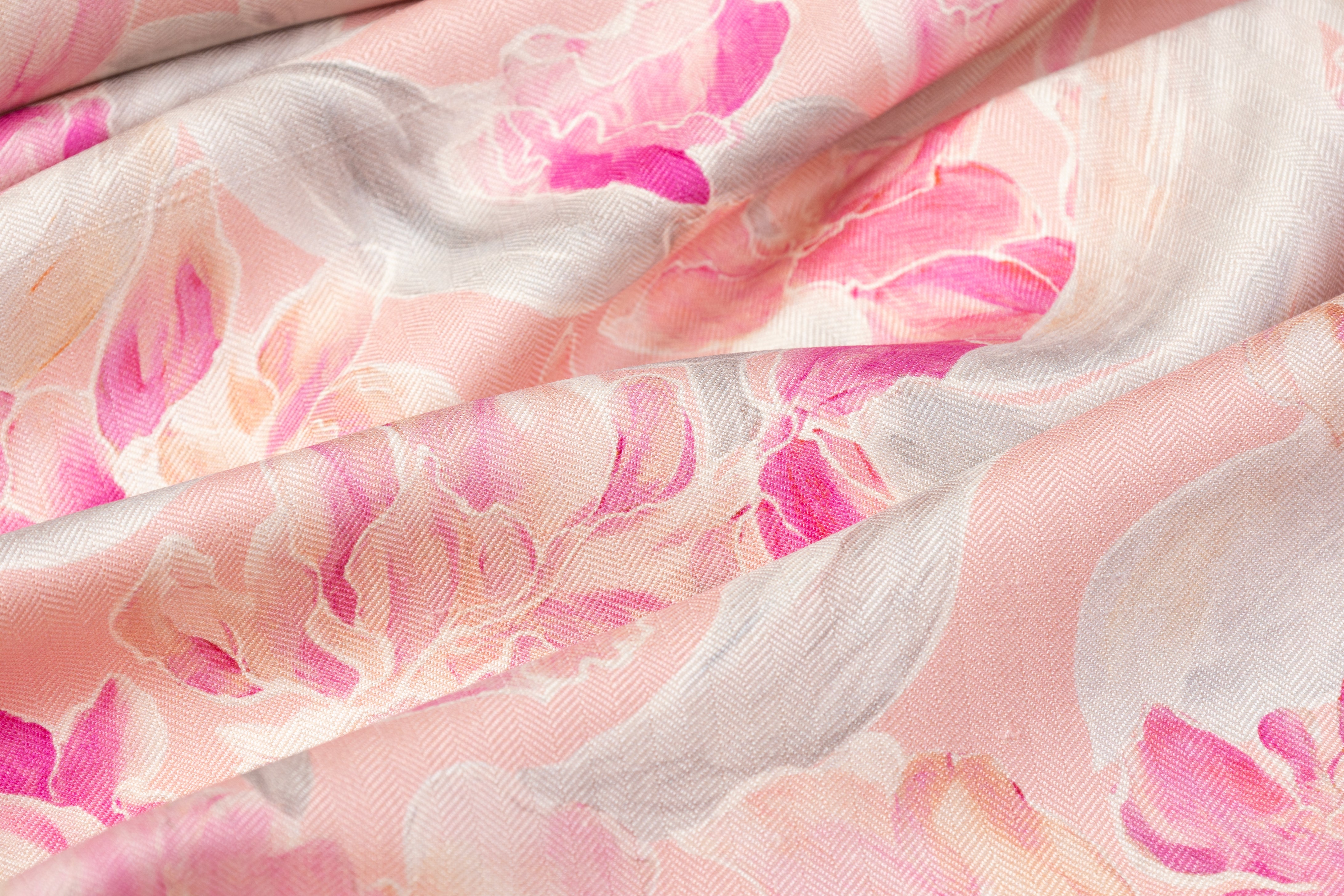Floral Italian Silk Herringbone - Pink / Gray