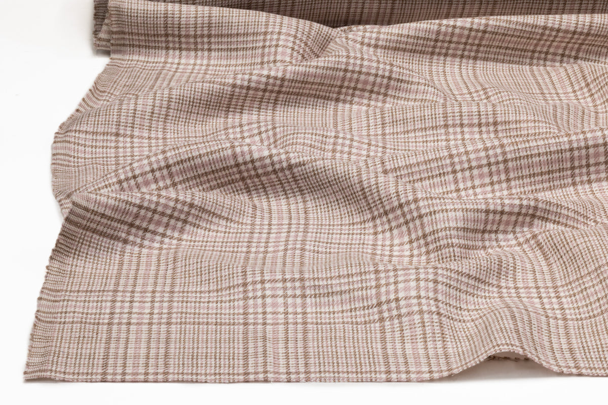Checked Italian Wool Linen Suiting - Pink / Taupe / Off White