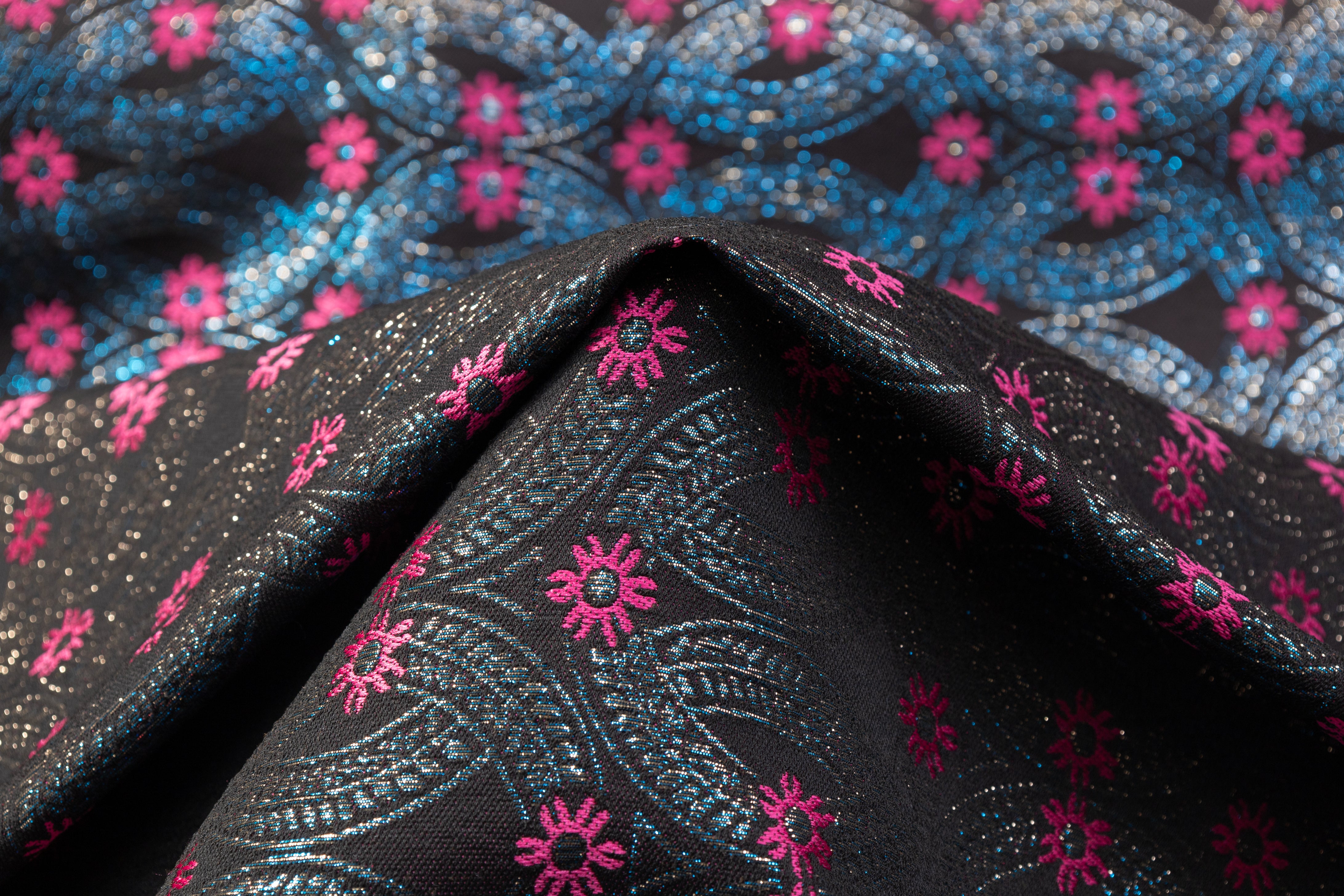 Iridescent Metallic Brocade - Black / Fuchsia / Blue