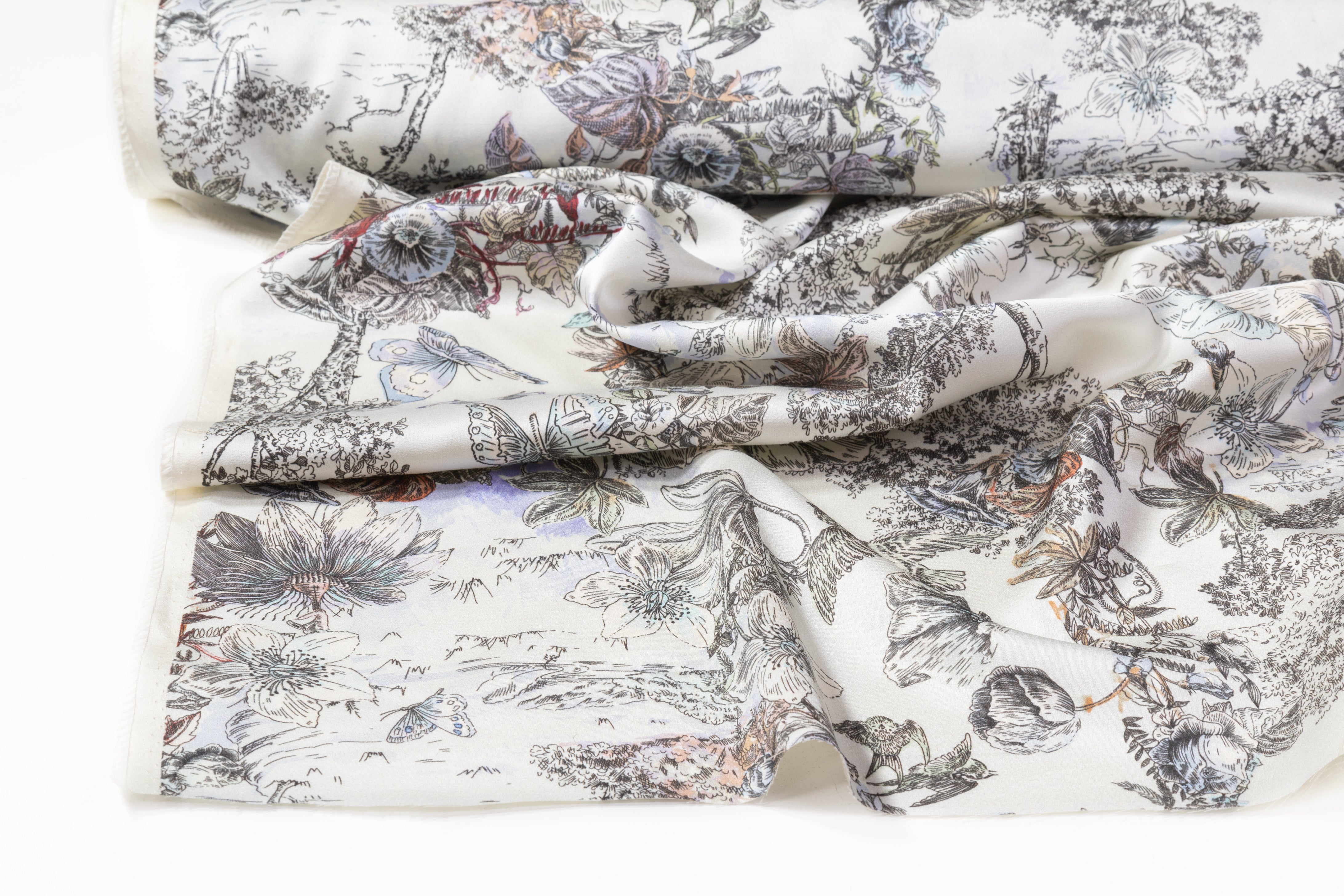 Luigi Verga - Floral Italian Silk Viscose Crepe Back Satin - Ivory / Multicolor