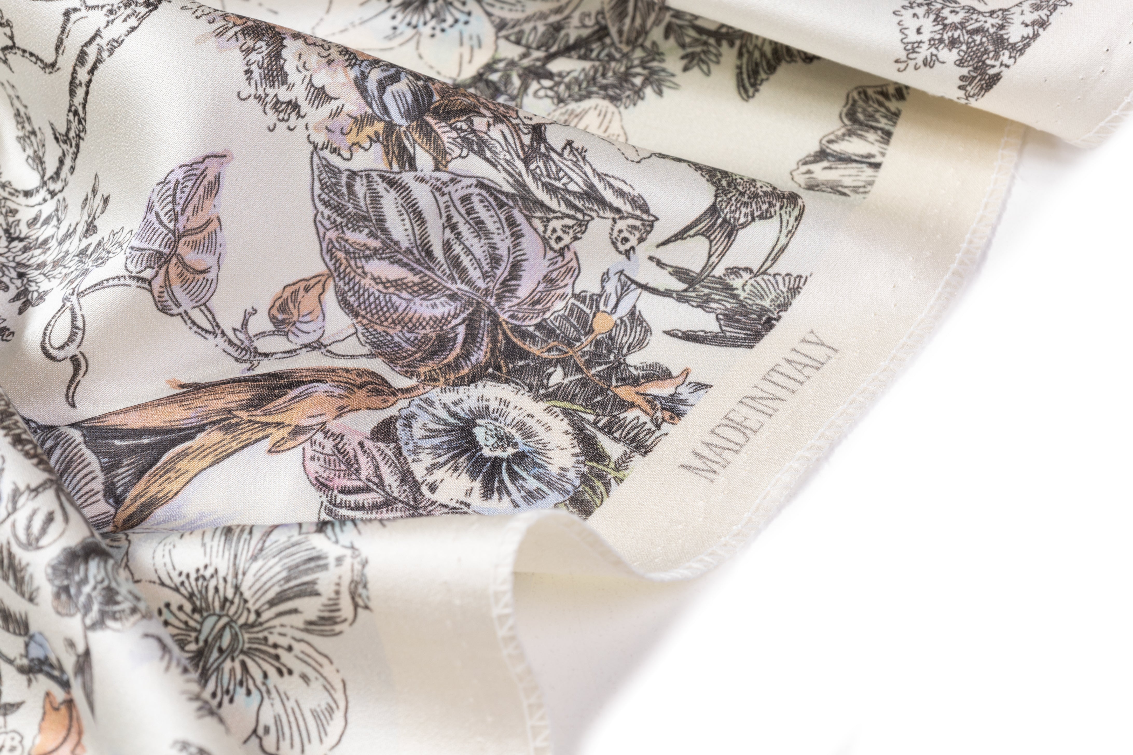 Luigi Verga - Floral Italian Silk Viscose Crepe Back Satin - Ivory / Multicolor