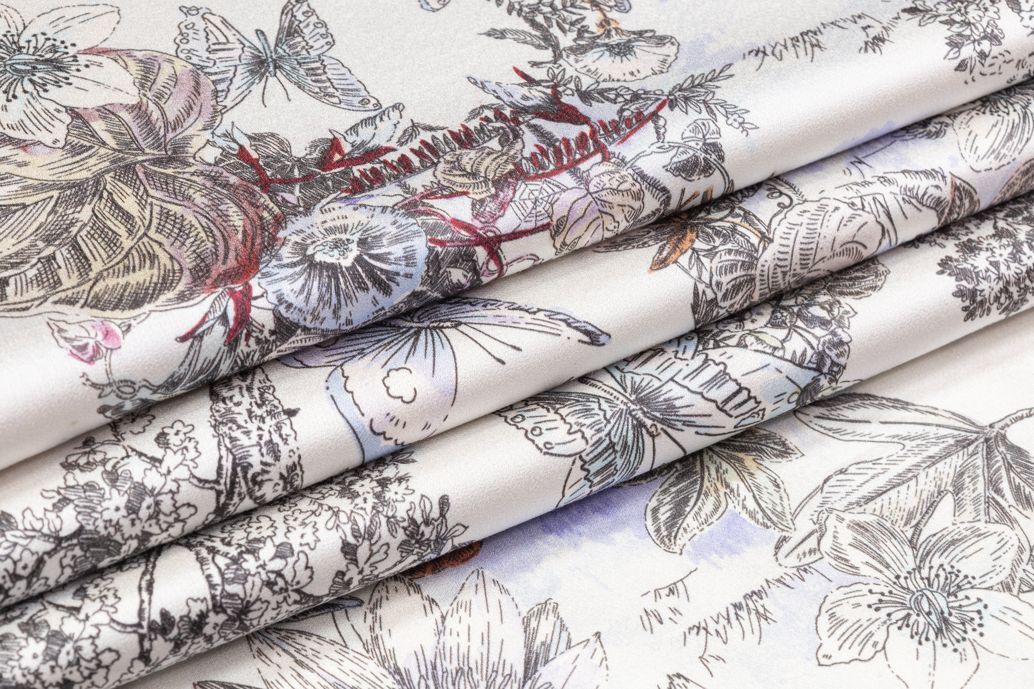 Luigi Verga - Floral Italian Silk Viscose Crepe Back Satin - Ivory / Multicolor